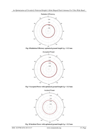 An Optimization of Circularly Polarized Knight’s Helm Shaped Patch Antenna For Ultra Wide Band…
DOI: 10.9790/1676-10111117 www.iosrjournals.org 15 | Page
0.82
0.86
0.90
0.94
90
60
30
0
-30
-60
-90
-120
-150
-180
150
120
HFSSDesign1Radiation Efficiency ANSOFT
Curve Info
RadiationEfficiency
Setup1 : LastAdaptive
Freq='10GHz' Phi='0deg'
RadiationEfficiency
Setup1 : LastAdaptive
Freq='10GHz' Phi='10deg'
RadiationEfficiency
Setup1 : LastAdaptive
Freq='10GHz' Phi='20deg'
RadiationEfficiency
Setup1 : LastAdaptive
Freq='10GHz' Phi='30deg'
RadiationEfficiency
Setup1 : LastAdaptive
Freq='10GHz' Phi='40deg'
RadiationEfficiency
Setup1 : LastAdaptive
Freq='10GHz' Phi='50deg'
RadiationEfficiency
Setup1 : LastAdaptive
Fig. 8 Radiation Efficiency optimized ground length Lg = 11.5 mm
0.85
0.90
0.95
1.00
90
60
30
0
-30
-60
-90
-120
-150
-180
150
120
HFSSDesign1Accepted Power ANSOFT
Curve Info
AcceptedPow er
Setup1 : LastAdaptive
Freq='10GHz' Phi='0deg'
AcceptedPow er
Setup1 : LastAdaptive
Freq='10GHz' Phi='10deg'
AcceptedPow er
Setup1 : LastAdaptive
Freq='10GHz' Phi='20deg'
AcceptedPow er
Setup1 : LastAdaptive
Freq='10GHz' Phi='30deg'
AcceptedPow er
Setup1 : LastAdaptive
Freq='10GHz' Phi='40deg'
AcceptedPow er
Setup1 : LastAdaptive
Freq='10GHz' Phi='50deg'
AcceptedPow er
Setup1 : LastAdaptive
Fig. 9 Accepted Power with optimized ground length Lg = 11.5 mm
0.94
0.98
1.02
1.06
90
60
30
0
-30
-60
-90
-120
-150
-180
150
120
HFSSDesign1Incident Power ANSOFT
Curve Info
IncidentPow er
Setup1 : LastAdaptive
Freq='10GHz' Phi='0deg'
IncidentPow er
Setup1 : LastAdaptive
Freq='10GHz' Phi='10deg'
IncidentPow er
Setup1 : LastAdaptive
Freq='10GHz' Phi='20deg'
IncidentPow er
Setup1 : LastAdaptive
Freq='10GHz' Phi='30deg'
IncidentPow er
Setup1 : LastAdaptive
Freq='10GHz' Phi='40deg'
IncidentPow er
Setup1 : LastAdaptive
Freq='10GHz' Phi='50deg'
IncidentPow er
Setup1 : LastAdaptive
Fig. 10 Incident Power with optimized ground length Lg = 11.5 mm
 