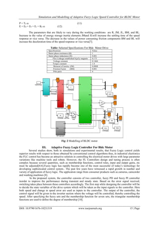 Simulation and Modelling of Adaptive Fuzzy Logic Speed Controller for BLDC Motor
DOI: 10.9790/1676-10231319 www.iosrjournals.org 15 | Page
P = Te ω (11)
E = Ea = Eb = Ec = Kb ω (12)
The parameters that are likely to vary during the working conditions are R, JM, JL, BM, and BL.
Increase in the value of energy storage inertia elements JMand JLwill increase the settling time of the speed
response or vice versa. The decrease in the values of power consuming friction components BM and BL will
increase the deceleration time of the speed response or vice versa[7].
Table: Selected Specifications For Bldc Motor Drive
Specifications Value
Stator phase resistance (Ω) 1
Stator phase inductance (H) 0.001
Flux Linkage established b;ja3y magnets 0.175
Voltage constant 0.1466
Torque constant 1.4
Moment of inertia (JM) 0.0008
Friction Factor (BM) 0.001
Pole pairs 4
Fig: 2 Modelling of BLDC motor
III. Adaptive Fuzzy Logic Controller For Bldc Motor
Several studies show, both in simulations and experimental results, that Fuzzy Logic control yields
superior results with respect to those obtained by conventional control algorithms thus, in industrial electronics
the FLC control has become an attractive solution in controlling the electrical motor drives with large parameter
variations like machine tools and robots. However, the FL Controllers design and tuning process is often
complex because several quantities, such as membership functions, control rules, input and output gains, etc
must be adjusted[4-6].Fuzzy logic has rapidly become one of the most successful of today’s technology for
developing sophisticated control system.. The past few years have witnessed a rapid growth in number and
variety of application of fuzzy logic. The application range from consumer products such as cameras, camcorder
and washing machines [8].
In the proposed system, the controller consists of two controller, fuzzy PD and fuzzy PI controller
inorder to improve the performance during transient and steady state. Based on the error signal received,
switching takes place between these controllers accordingly. The first step while designing the controller will be
to decide the state variables of the drive system which will be taken as the input signals to the controller. Here
both speed and change in speed error are used as inputs to the controller. The output of the controller, the
control signal will be given to the inverter section where the voltage will be controlled, thereby controlling the
speed. After specifying the fuzzy sets and the membership function for seven sets, the triangular membership
functions are used to define the degree of membership [10].
 