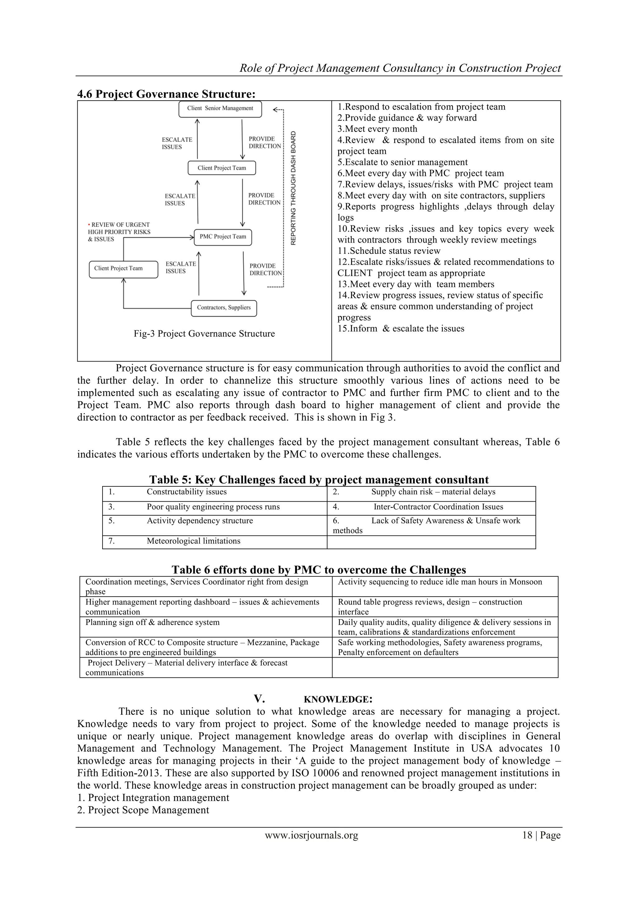 Role of Project Management Consultancy in Construction Project
www.iosrjournals.org 18 | Page
4.6 Project Governance Structure:
Fig-3 Project Governance Structure
1.Respond to escalation from project team
2.Provide guidance & way forward
3.Meet every month
4.Review & respond to escalated items from on site
project team
5.Escalate to senior management
6.Meet every day with PMC project team
7.Review delays, issues/risks with PMC project team
8.Meet every day with on site contractors, suppliers
9.Reports progress highlights ,delays through delay
logs
10.Review risks ,issues and key topics every week
with contractors through weekly review meetings
11.Schedule status review
12.Escalate risks/issues & related recommendations to
CLIENT project team as appropriate
13.Meet every day with team members
14.Review progress issues, review status of specific
areas & ensure common understanding of project
progress
15.Inform & escalate the issues
Project Governance structure is for easy communication through authorities to avoid the conflict and
the further delay. In order to channelize this structure smoothly various lines of actions need to be
implemented such as escalating any issue of contractor to PMC and further firm PMC to client and to the
Project Team. PMC also reports through dash board to higher management of client and provide the
direction to contractor as per feedback received. This is shown in Fig 3.
Table 5 reflects the key challenges faced by the project management consultant whereas, Table 6
indicates the various efforts undertaken by the PMC to overcome these challenges.
Table 5: Key Challenges faced by project management consultant
1. Constructability issues 2. Supply chain risk – material delays
3. Poor quality engineering process runs 4. Inter-Contractor Coordination Issues
5. Activity dependency structure 6. Lack of Safety Awareness & Unsafe work
methods
7. Meteorological limitations
Table 6 efforts done by PMC to overcome the Challenges
Coordination meetings, Services Coordinator right from design
phase
Activity sequencing to reduce idle man hours in Monsoon
Higher management reporting dashboard – issues & achievements
communication
Round table progress reviews, design – construction
interface
Planning sign off & adherence system Daily quality audits, quality diligence & delivery sessions in
team, calibrations & standardizations enforcement
Conversion of RCC to Composite structure – Mezzanine, Package
additions to pre engineered buildings
Safe working methodologies, Safety awareness programs,
Penalty enforcement on defaulters
Project Delivery – Material delivery interface & forecast
communications
V. KNOWLEDGE:
There is no unique solution to what knowledge areas are necessary for managing a project.
Knowledge needs to vary from project to project. Some of the knowledge needed to manage projects is
unique or nearly unique. Project management knowledge areas do overlap with disciplines in General
Management and Technology Management. The Project Management Institute in USA advocates 10
knowledge areas for managing projects in their ‘A guide to the project management body of knowledge –
Fifth Edition-2013. These are also supported by ISO 10006 and renowned project management institutions in
the world. These knowledge areas in construction project management can be broadly grouped as under:
1. Project Integration management
2. Project Scope Management
 