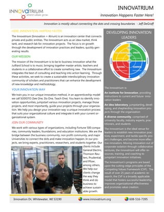 Innovation is mostly about connecting the dots and crossing boundaries - Jeff DeGraff
INNOVATRIUM
Innovation Happens Faster Here!
DEVELOPING INNOVATION
LEADERS
The Innovatrium is:
An institute for Innovation, providing
instructions to current and future inno-
vation leaders
An idea laboratory, jumpstarting, devel-
oping, and shepherding innovation pro-
jects through the organization
A diverse community, comprised of
university faculty, industry experts, prac-
titioners, and students
The Innovatrium is the ideal venue for
leaders to establish new innovation prac-
tices, experiment, and tackle specific pro-
ject challenges, and become more effec-
tive innovators. Moving innovation out of
corporate isolation through collaborative
ventures, the Innovatrium will offer re-
sources, training, and coaching to
jumpstart innovation initiatives.
The Innovatrium’s programs are based
upon the cutting-edge principles of the
Competing Values Framework (CVF). The
result of over 25 years of academic re-
search, the CVF is a broadly applicable
model that fosters successful leadership,
improves organizational effectiveness
and promotes value creation.
HERE, INNOVATION HAPPENS FASTER
The Innovatrium (Innovation + Atrium) is an innovation center that connects
private and public entities. The Innovatrium acts as an idea market, think
tank, and research lab for innovation projects. The focus is on growth
through the development of innovation practices and leaders, quickly gen-
erating results.
OUR MISSION
The mission of the Innovatrium is to be to business innovation what the
Juilliard School is to music; bringing together master artists, teachers and
students in a collaborative effort to create something new. The Innovatrium
integrates the best of consulting and teaching into action learning. Through
these activities, we seek to create a sustainable interdisciplinary innovation
community of scholars and practitioners that can enhance the development
of new knowledge and methodology.
YOUR INNOVATION WAY
We train you in our unique innovation method, in an apprenticeship model
we call SODOTO (See One, Do One, Teach One). You learn to identify inno-
vation opportunities, jumpstart various innovation projects, manage those
projects, and most importantly, guide your projects through your organiza-
tion. We help you design your innovation way: a unique innovation process
that suits your organizational culture and integrate it with your current or-
ganizational system.
JOIN OUR COMMUNITY
We work with various types of organizations, including Fortune 500 compa-
nies, community leaders, foundations, and education institutions. We are the
bridge between the business community, non profit community, and major
Universities to connect the dots and make innovation happen. In our pro-
jects, we bring experts, practitioners, researchers, and students together. Our
clients include
General Electric,
Thomson Reu-
ters, Prudential,
and Pfizer,
among others.
We help our
clients change
the way they
think and do
business to
achieve sustain-
able growth.
Innovation Dr, Whitewater, WI 53190 www.innovatrium.org 608-516-7395
 