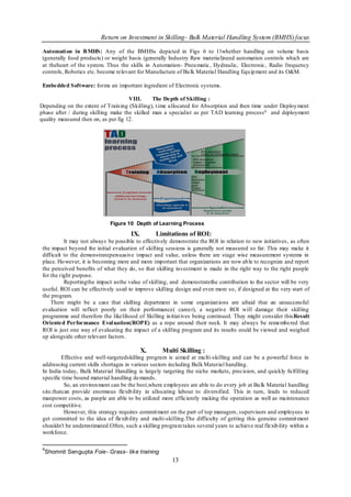 Return on Investment in Skilling- Bulk Material Handling System (BMHS) focus

 Automati on in B MHS: Any of the BMHSs depicted in Figs 6 to 11whether handling on volume basis
 (generally food products) or weight basis (generally Industry Raw material)need automation controls which are
 at theheart of the system. Thus the skills in Automation- Pneu matic, Hydraulic, Electronic , Radio frequency
 controls, Robotics etc. become relevant for Manufacture of Bu lk Material Handling Equ ip ment and its O&M.

 Embedded Software: forms an important ingredient of Electronic systems.

                                      VIII.    The Depth of Skilling :
Depending on the extent of Train ing (Skilling), t ime allocated for Absorption and then time under Deploy ment
phase after / during skilling make the skilled man a specialist as per TAD learning process 4 and deployment
quality measured then on, as per fig 12.




                              Figure 10 Depth of Learning Process

                                       IX.        Limitations of ROI:
           It may not always be possible to effectively demonstrate the ROI in relation to new initiatives , as often
 the impact beyond the initial evaluation of skilling sessions is generally not measured so far. This may make it
 difficult to the demonstratepersuasive impact and value, unless there are stage wise measurement systems in
 place. Ho wever, it is becoming more and more important that organizations are now ab le to recognize and report
 the perceived benefits of what they do, so that skilling investment is made in the right way to the right people
 for the right purpose.
           Reportingthe impact asthe value of skilling, and demonstratethe contribution to the sector will be very
 useful. ROI can be effectively used to improve skilling design and even more so, if designed at the very start of
 the program.
     There might be a case that skilling department in some organizat ions are afraid that an unsuccessful
 evaluation will reflect poorly on their performance( career), a negative ROI will damage their skilling
 programme and therefore the likelihood of Skilling in itiat ives being continued. They might consider thisResult
 Oriented Performance Eval uation(ROPE) as a rope around their neck. It may always be remembered that
 ROI is just one way of evaluating the impact of a skilling program and its results could be viewed and weighed
 up alongside other relevant factors.

                                             X.      Multi Skilling :
          Effective and well-targetedskilling program is aimed at mu lti-skilling and can be a powerful force in
 addressing current skills shortages in various sectors including Bulk Material handling.
 In India today, Bulk Material Handling is largely targeting the niche markets, precision, and quickly fu lfilling
 specific time bound material handling demands.
           So, an environ ment can be the best,where employees are able to do every job at Bu lk Material handling
 site.thatcan provide enormous flexib ility in allocating labour to diversified. This in turn, leads to reduced
 manpower costs, as people are able to be utilized more efficiently making the operation as well as maintenance
 cost competitive.
           However, this strategy requires commit ment on the part of top managers, supervisors and employees to
 get committed to the idea of flexib ility and multi-skilling.The difficulty of getting this genuine commit ment
 shouldn't be underestimated.Often, such a skilling program takes several years to achieve real flexib ility within a
 workforce.

 4
  Shomnit Sengupta Foie- Grass- lik e training
                                                         13
 