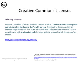 Creative Commons Licenses
Selecting a License
Creative Commons offers six different content licenses. The first step to sh...