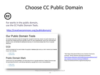 Choose CC Public Domain
For works in the public domain,
use the CC Public Domain Tools.
http://creativecommons.org/publicd...