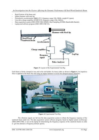 An Investigation into the Factors Affecting the Dynamic Performance Of Steel/Wood Sandwich Beam
DOI: 10.9790/1684-12461526 www.iosrjournals.org 18 | Page
- Rigid fixation of the beam end.
- Impact hammer with steel tip.
- Piezoelectric accelerometer (B&K 4515, frequency range 1Hz-10kHz, weight 8.3 gram).
- Line drive charge amplifier (ENDEVCO, frequency range (1Hz-1KHz)).
- Data acquisition system (DSO-2090 USB-100MS/s Real Sampling-40 MHz Bandwidth-Hantek).
- Laptop and software program (DSO 2090 USB V6).
Figure 3: Layout of the Experimental Test Rig
Each beam is firmly clamped at one end in the tool holder of a heavy lathe as shown in Figure 4. An impulsive
force is applied to the beam free end using an impact hammer to excite free damped natural vibrations.
Figure 4: Experimental Test Rig
The vibration signals are fed into the data acquisition system to obtain the frequency response of the
sandwich beam under test. The data acquisition system software program, based on digital system oscilloscope
(DSO-2090 USB), is run on the laptop for determining the frequency response of the sandwich beams in order
to get time domain or frequency domain spectra.
 