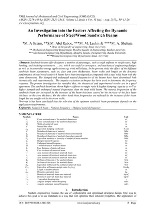 IOSR Journal of Mechanical and Civil Engineering (IOSR-JMCE)
e-ISSN: 2278-1684,p-ISSN: 2320-334X, Volume 12, Issue 4 Ver. VI (Jul. - Aug. 2015), PP 15-26
www.iosrjournals.org
DOI: 10.9790/1684-12461526 www.iosrjournals.org 15 | Page
An Investigation into the Factors Affecting the Dynamic
Performance of Steel/Wood Sandwich Beams
*M. A Salam, **S.M. Abd Raboo, ***M. M. Lashin & ****M. A. Shehata
* Dean of the faculty of engineering, Sinai University,
** Mechanical Engineering Department, Shoubra faculty of Engineering, Banha University.
*** Mechanical Engineering Department, Shoubra faculty of Engineering, Banha University,
****Production Engineering Department, Sinai University
Abstract: Sandwich beams offer designers a number of advantages, such as high stiffness to weight ratio, high
bending, and buckling resistances, ….etc. which are useful in aerospace, and mechanical engineering designs
as well as in renewable-energy applications e.g. wind mill blades. In the present study the effects of the different
sandwich beam parameters, such as; face and core thicknesses, beam width and length on the dynamic
performance of steel/wood sandwich beams have been investigated as compared with a steel solid beam with the
same dimensions. The damped-and undamped natural frequencies of the beams have been determined both
theoretically and experimentally. The impulse excitation technique has been used to determine the frequency
response. The present investigation has revealed that, the theoretical and experimental results are in a good
agreement. The sandwich beam has shown higher stiffness-to weight ratio & higher damping capacity as well as
higher damped-and undamped natural frequencies than the steel solid beam. The natural frequencies of the
sandwich beam are increased by the increase of the beam thickness caused by the increase of the face layer
thickness or the core thickness. On the other hand these frequencies are reduced by the increase of the beam
length but are unaffected by the beam width.
However it has been concluded that the selection of the optimum sandwich beam parameters depends on the
application requirements.
Keywords: Sandwich beam – Natural frequency – Damped natural frequency.
NOMENCLATURE
Symbols Names Unit
Ac Cross sectional area of the sandwich beam core m2
Af Cross sectional area of the sandwich beam face m2
B Width of sandwich beam m
C Neutral line offset m
ceq. Equivalent damping coefficient N.s/m
E Modulus of elasticity of material MPa
Ec Modulus of elasticity of sandwich beam core material MPa
Ef Modulus of elasticity of sandwich beam face material MPa
Eeq Equivalent modulus of elasticity of sandwich beam materials MPa
fd Damped natural frequency Hz
fn Undamped natural frequency Hz
H Total thickness of sandwich beam m
hc Face thickness of sandwich beam m
hf Core thickness of sandwich beam m
I Area moment of inertia of sandwich beam m4
Ic Area moment of inertia of sandwich beam core m4
If Area moment of inertia of sandwich beam face m4
Kc Stiffness of the core of the sandwich beam N/m
Kf Stiffness of the face of the sandwich beam N/m
Keq Equivalent stiffness of the cantilever sandwich beam N/m
K*
eq Equivalent stiffness-to-weight ratio=(keq/meq) N/m/kg
L Length of sandwich beam m
meq Dynamic equivalent mass kg
c Density of sandwich beam core material kg/m3
f Density of sandwich beam face material kg/m3
eq quivalent damping ratio -
d Angular damped natural frequency rad/s
n Angular undamped natural frequency rad/s
I. Introduction
Modern engineering requires the use of sophisticated and optimized structural design. One way to
achieve this goal is to use materials in a way that will optimize their inherent properties. The application of
 