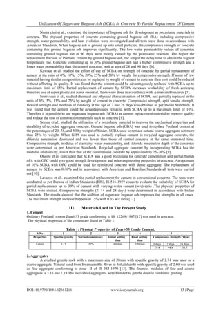 Utilization Of Sugarcane Bagasse Ash (SCBA) In Concrete By Partial Replacement Of Cement
DOI: 10.9790/1684-12661216 www.iosrjournals.org 13 | Page
Nunta chai et al., examined the importance of bagasse ash for development as pozzolanic materials in
concrete. The physical properties of concrete containing ground bagasse ash (BA) including compressive
strength, water permeability, and heat evolution were investigated and all tests were done in accordance with
American Standards. When bagasse ash is ground up into small particles, the compressive strength of concrete
containing this ground bagasse ash improves significantly. The low water permeability values of concretes
containing ground bagasse ash at 90 days were mostly caused by the pozzolanic reaction. The higher the
replacement fraction of Portland cement by ground bagasse ash, the longer the delay time to obtain the highest
temperature rise. Concrete containing up to 30% ground bagasse ash had a higher compressive strength and a
lower water permeability than the control concrete, both at ages of 28 and 90 days [6].
Kawade et al. studied the effect of use of SCBA on strength of concrete by partial replacement of
cement at the ratio of 0%, 10%, 15%, 20%, 25% and 30% by weight for compressive strength. If some of raw
material having similar composition can be replaced by weight of cement in concrete then cost could be reduced
without affecting its quality. It was found that the cement could be advantageously replaced with SCBA up to
maximum limit of 15%. Partial replacement of cement by SCBA increases workability of fresh concrete;
therefore use of super plasticizer is not essential. Tests were done in accordance with American Standards [7].
Srinivasan et al., studied chemical and physical characterization of SCBA, and partially replaced in the
ratio of 0%, 5%, 15% and 25% by weight of cement in concrete. Compressive strength, split tensile strength,
flexural strength and modulus of elasticity at the age of 7 and 28 days was obtained as per Indian Standards. It
was found that the cement could be advantageously replaced with SCBA up to a maximum limit of 10%.
Therefore it is possible to use sugarcane bagasse ash (SCBA) as cement replacement material to improve quality
and reduce the cost of construction materials such as concrete [8].
Somna et al.. studied the utilization of a pozzolanic material to improve the mechanical properties and
durability of recycled aggregate concrete. Ground bagasse ash (GBA) was used to replace Portland cement at
the percentages of 20, 35, and 50 by weight of binder. SCBA used to replace natural coarse aggregate not more
than 25% by weight. When GBA was used to partially replace cement in recycled aggregate concrete, the
chloride penetration decreased and was lower than those of control concrete at the same immersed time.
Compressive strength, modulus of elasticity, water permeability, and chloride penetration depth of the concretes
were determined as per American Standards. Recycled aggregate concrete by incorporating SCBA has the
modulus of elasticity, lower than that of the conventional concrete by approximately 25–26% [9].
Otuoze et al. concluded that SCBA was a good pozzolana for concrete cementation and partial blends
of it with OPC could give good strength development and other engineering properties in concrete. An optimum
of 10% SCBA with OPC could be used for reinforced concrete with dense aggregate. The replacement of
cement by SCBA was 0-30% and in accordance with American and Brazilian Standards all tests were carried
out [10].
Lavanya et al.. examined the partial replacement for cement in conventional concrete. The tests were
conducted as per Bureau of Indian Standards (BIS), IS 516-1959 codes to evaluate the suitability of SCBA for
partial replacements up to 30% of cement with varying water cement (w/c) ratio .The physical properties of
SCBA were studied. Compressive strengths (7, 14 and 28 days) were determined in accordance with Indian
Standards. The results showed that the addition of sugarcane bagasse ash improves the strengths in all cases.
The maximum strength increase happens at 15% with 0.35 w/c ratio [11].
III. Materials Used In The Present Study
1. Cement
Ordinary Portland cement Zuari-53 grade conforming to IS: 12269-1987 [12] was used in concrete.
The physical properties of the cement are listed in Table 1.
Table 1: Physical Properties of Zuari-53 Grade Cement.
S No 1 2 3 4 5
Properties Specific gravity Normal consistency Initial setting
time
Final setting
time
Compressive strength (Mpa)
Values 3.15 32% 60 min 320 min 3 days 7 days 28 days
29.4 44.8 56.5
2. Aggregates
A crushed granite rock with a maximum size of 20mm with specific gravity of 2.74 was used as a
coarse aggregate. Natural sand from Swarnamukhi River in Srikalahasthi with specific gravity of 2.60 was used
as fine aggregate conforming to zone- II of IS 383-1970 [13]. The fineness modulus of fine and coarse
aggregates is 3.16 and 7.19.The individual aggregates were blended to get the desired combined grading.
 
