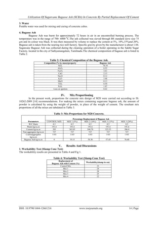 Utilization Of Sugarcane Bagasse Ash (SCBA) In Concrete By Partial Replacement Of Cement
DOI: 10.9790/1684-12661216 www.iosrjournals.org 14 | Page
3. Water
Potable water was used for mixing and curing of concrete cubes.
4. Bagasse Ash
Bagasse Ash was burnt for approximately 72 hours in air in an uncontrolled burning process. The
temperature was in the range of 700- 6000 0
C.The ash collected was sieved through BS standard sieve size 75
μm and its colour was black. It was then measured by volume to replace the cement at 5%, 10%,15%and 20%.
Bagasse ash is taken from the nearing rice mill factory. Specific gravity given by the manufacturer is about 1.84.
Sugarcane Bagasse Ash was collected during the cleaning operation of a boiler operating in the Sakthi Sugar
Factory, located in the city of Sathyamangalam, Tamilnadu.The chemical composition of bagasse ash is listed in
Table 2.
Table 2: Chemical Composition of the Bagasse Ash.
Composition (% by mass)/property Bagasse Ash
SiO2 78.34
Al2O3 8.55
Fe2O3 3.61
CaO 2.15
Na2O 0.12
K2O 3.46
MnO 0.13
TiO2 0.50
P2O5 1.07
Loss on ignition 0.42
IV. Mix Proportioning
In the present work, proportions for concrete mix design of M20 were carried out according to IS:
10262-2009 [14] recommendations. For making the mixes containing sugarcane bagasse ash, the amount of
powder is calculated by using the weight of powder, in place of the weight of cement. The resultant mix
proportions of all the mixes are tabulated in Table 3.
Table 3: Mix Proportions for M20 Concrete.
Parameters
Percentage Replacement of Bagasse Ash
CONTROL MIX MIX 1 (5%) MIX 2 (10%) MIX 3 (15%) MIX 3 (20%)
W/C Ratio 0.5 0.5 0.5 0.5 0.5
Water kg/cu.m 191.6 191.6 191.6 191.6 191.6
Cement kg/cu.m 383 363.85 344.70 325.55 306.4
Fine aggregates kg/cu.m 727 727 727 727 727
Coarseaggregates
kg/cu.m
1103 1103 1103 1103 1103
Bagasse Ash kg/cu.m 0 19.15 38.30 57.45 76.60
V. Results And Discussions
1. Workability Test (Slump Cone Test)
The workability results are presented in Table.4 and Fig 1.
Table 4: Workability Test (Slump Cone Test)
Replacement of
Bagasse Ash with Cement (%)
Workability(slump in cm)
Control Mix 23
Mix 1 24
Mix 2 28
Mix 3 25
Mix 4 22
 