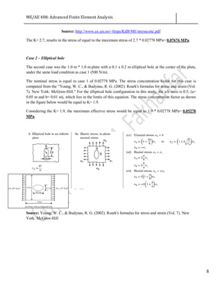 ME/AE 408: Advanced Finite Element Analysis
8
Source: http://www.ux.uis.no/~hirpa/KdB/ME/stressconc.pdf
The K= 2.7, results in the stress of equal to the maximum stress of 2.7 * 0.02778 MPa= 0.07676 MPa.
Case 2 – Elliptical hole
The second case was the 1.0 m * 1.0 m plate with a 0.1 x 0.2 m elliptical hole at the center of the plate,
under the same load condition as case 1 (500 N/m).
The nominal stress is equal to case 1 of 0.02778 MPa. The stress concentration factor for this case is
computed from the “Young, W. C., & Budynas, R. G. (2002). Roark's formulas for stress and strain (Vol.
7). New York: McGraw-Hill.” For the elliptical hole configuration in this study, the a/b ratio is 0.5, (a=
0.05 m and b= 0.01 m), which lies in the limits of this equation. The stress concentration factor as shown
in the figure below would be equal to K= 1.9.
Considering the K= 1.9, the maximum effective stress would be equal to 1.9 * 0.02778 MPa= 0.05278
MPa.
Source: Young, W. C., & Budynas, R. G. (2002). Roark's formulas for stress and strain (Vol. 7). New
York: McGraw-Hill
 