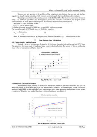 Concrete beams Flexural under sustained loading
DOI: 10.9790/1684-13121320 www.iosrjournals.org 18 | Page
We does not take account of the problem of the withdrawal and of creep, the concrete and steel are
regarded as linearly elastic materials, which makes it possible to apply the forced relations deformations
We apply in calculations of steels the general method of the RDM: The beam is supposed in the elastic
range. The reinforced concrete is not homogeneous; to use the resistance of materials, the diagram of the
constraints must be linear. One will homogenize the section of the reinforced concrete beam:
We counts 15 times the GFRP section
εgfrp = εc (not of relative slip)
Evolution of internal strength in GFRP bars versus GFRP reinforcement ratio
The internal strength GFRP bars is given by the follow equation:
gfrp
ulc
gfrp
A
yf ..8.0
 (4)
With fc Stresses in the concrete, yul the position of the neutral axis and Agfrp reinforcement section
IV. Test Results And Discussion
4.1. Proportionality load/deflection
We took a series of measurement flexions for all six beams charged reinforced by steel and GFRP bars.
We can notice for values weak of loading a linear variation load/deflection. The groups of dots as well as the
linear behavior are represented by the figure 7.
Proportionality Load/arrow
(3 beams reinforced with GFRP )
0
0.05
0.1
0.15
0.2
0.25
0.3
0 50 100 150 200 250
Load (KN)
Deflection(mm).
Fig. 7 Deflection versus load
4.2 Deflection variation versus time
We maintained loads constant for 30 days for both beams reinforced with steel and GFRP bars. We can
notice that during 30 days, deflection of the two beams of steel and GFRP increases slightly in time. The beams
reinforced with GFRP are less marked of creep phenomenon, since under a constant loading these beams present
a variation of deflection less marked than those reinforced with steel bars. Figure 8
0
0,1
0,2
0,3
0,4
0,5
0,6
0,7
0 5 10 15 20 25 30
Dfelection(mm)
Time(days)
Deflectionvariationversus time
Beam reinforced with GFRP bars
Beam reinforced with Steel bars
Fig. 8 Deflection variation versus time
 