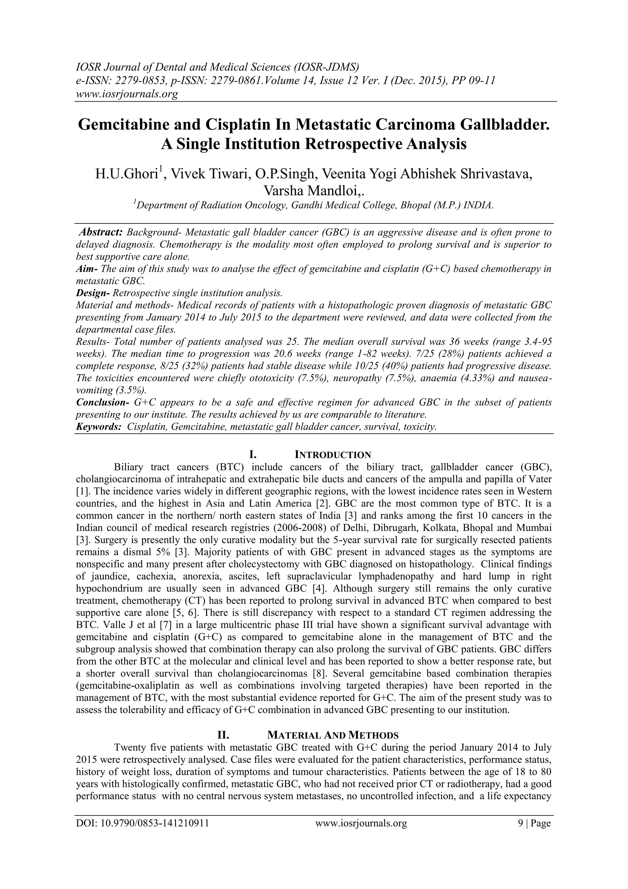 Gemcitabine and Cisplatin In Metastatic Carcinoma Gallbladder. A Single ...