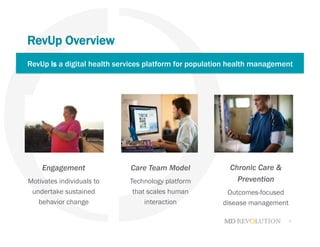 4
RevUp Overview
RevUp is a digital health services platform for population health management
Care Team Model
Technology platform
that scales human
interaction
Engagement
Motivates individuals to
undertake sustained
behavior change
Chronic Care &
Prevention
Outcomes-focused
disease management
 