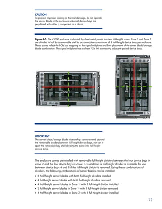 CAUTION
To prevent improper cooling or thermal damage, do not operate
the server blade or the enclosure unless all device bays are
populated with either a component or a blank.




Figure A-5. The c3000 enclosure is divided by sheet metal panels into two full-height zones. Zone 1 and Zone 2
are divided in half by a removable shelf to accommodate a maximum of 8 half-height device bays per enclosure.
These zones reflect the PCIe bus mapping in the signal midplane and limit placement of the server blade/storage
blade combination. The signal midplane has a direct PCIe link connecting adjacent paired device bays.




IMPORTANT
The server blade/storage blade relationship cannot extend beyond
the removable dividers between full height device bays, nor can it
span the removable bay shelf dividing the zone into half-height
device bays.



The enclosure comes preinstalled with removable full-height dividers between the four device bays in
Zone 2 and the four device bays in Zone 1. In addition, a half-height divider is available for use
between device bays 4 and 8 if the full-height divider is removed. Using these combinations of
dividers, the following combinations of server blades can be installed:
• 8 half-height server blades with both full-height dividers installed
• 4 full-height server blades with both full-height dividers removed
• 4 half-height server blades in Zone 1 with 1 full-height divider installed
• 2 full-height server blades in Zone 1 with 1 full-height divider removed
• 4 half-height server blades in Zone 2 with 1 full-height divider installed

                                                                                                           35
 