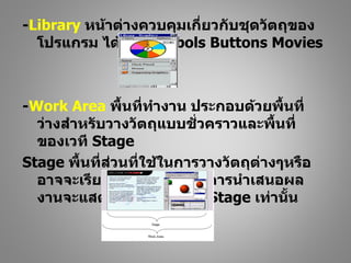 -Library หน้าต่างควบคุมเกี่ยวกับชุดวัตถุของ
  โปรแกรม ได้แก่ Symbols Buttons Movies



-Work Area พื้นที่ทำางาน ประกอบด้วยพื้นที่
  ว่างสำาหรับวางวัตถุแบบชั่วคราวและพื้นที่
  ของเวที Stage
Stage พื้นที่ส่วนที่ใช้ในการวางวัตถุต่างๆหรือ
  อาจจะเรียกว่า “เวที” เมื่อมีการนำาเสนอผล
  งานจะแสดงเฉพาะวัตถุบน Stage เท่านัน    ้
 