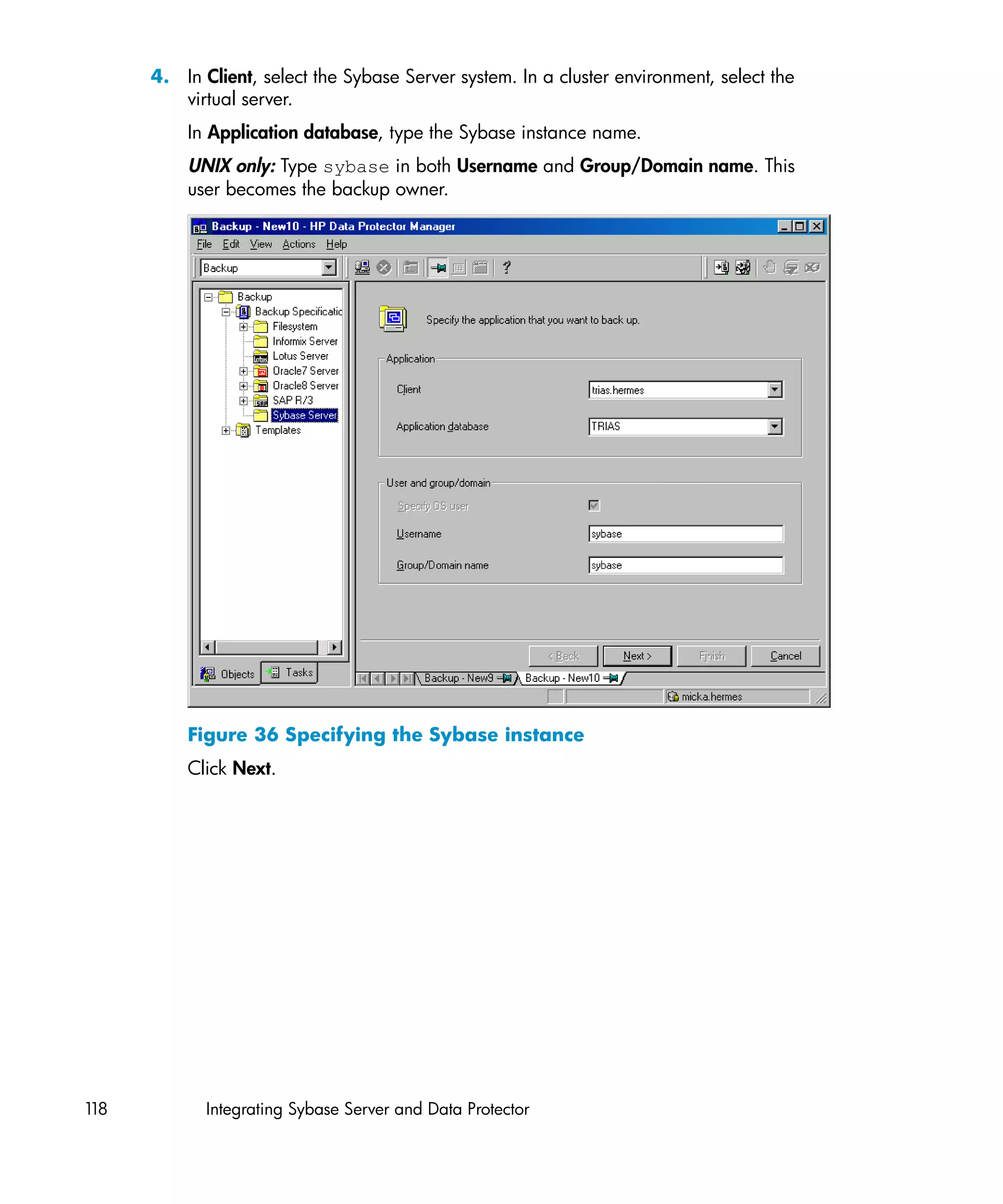 4. In Client, select the Sybase Server system. In a cluster environment, select the
         virtual server.
          In Application database, type the Sybase instance name.
          UNIX only: Type sybase in both Username and Group/Domain name. This
          user becomes the backup owner.




          Figure 36 Specifying the Sybase instance
          Click Next.




118          Integrating Sybase Server and Data Protector
 
