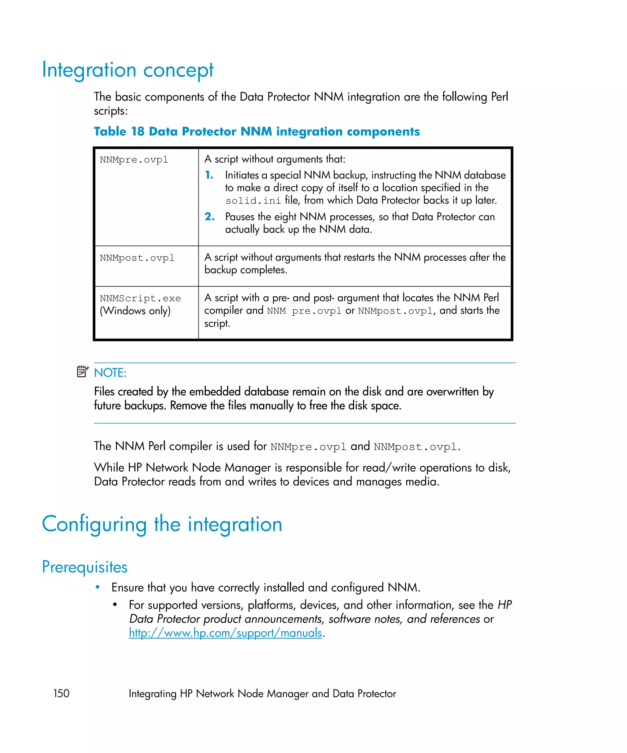 Integration concept
       The basic components of the Data Protector NNM integration are the following Perl
       scripts:
       Table 18 Data Protector NNM integration components

        NNMpre.ovpl            A script without arguments that:
                               1.   Initiates a special NNM backup, instructing the NNM database
                                    to make a direct copy of itself to a location specified in the
                                    solid.ini file, from which Data Protector backs it up later.
                               2. Pauses the eight NNM processes, so that Data Protector can
                                  actually back up the NNM data.

        NNMpost.ovpl           A script without arguments that restarts the NNM processes after the
                               backup completes.

        NNMScript.exe          A script with a pre- and post- argument that locates the NNM Perl
        (Windows only)         compiler and NNM pre.ovpl or NNMpost.ovpl, and starts the
                               script.



       NOTE:
       Files created by the embedded database remain on the disk and are overwritten by
       future backups. Remove the files manually to free the disk space.


       The NNM Perl compiler is used for NNMpre.ovpl and NNMpost.ovpl.
       While HP Network Node Manager is responsible for read/write operations to disk,
       Data Protector reads from and writes to devices and manages media.


Configuring the integration
Prerequisites
       • Ensure that you have correctly installed and configured NNM.
         • For supported versions, platforms, devices, and other information, see the HP
            Data Protector product announcements, software notes, and references or
            http://www.hp.com/support/manuals.




 150            Integrating HP Network Node Manager and Data Protector
 
