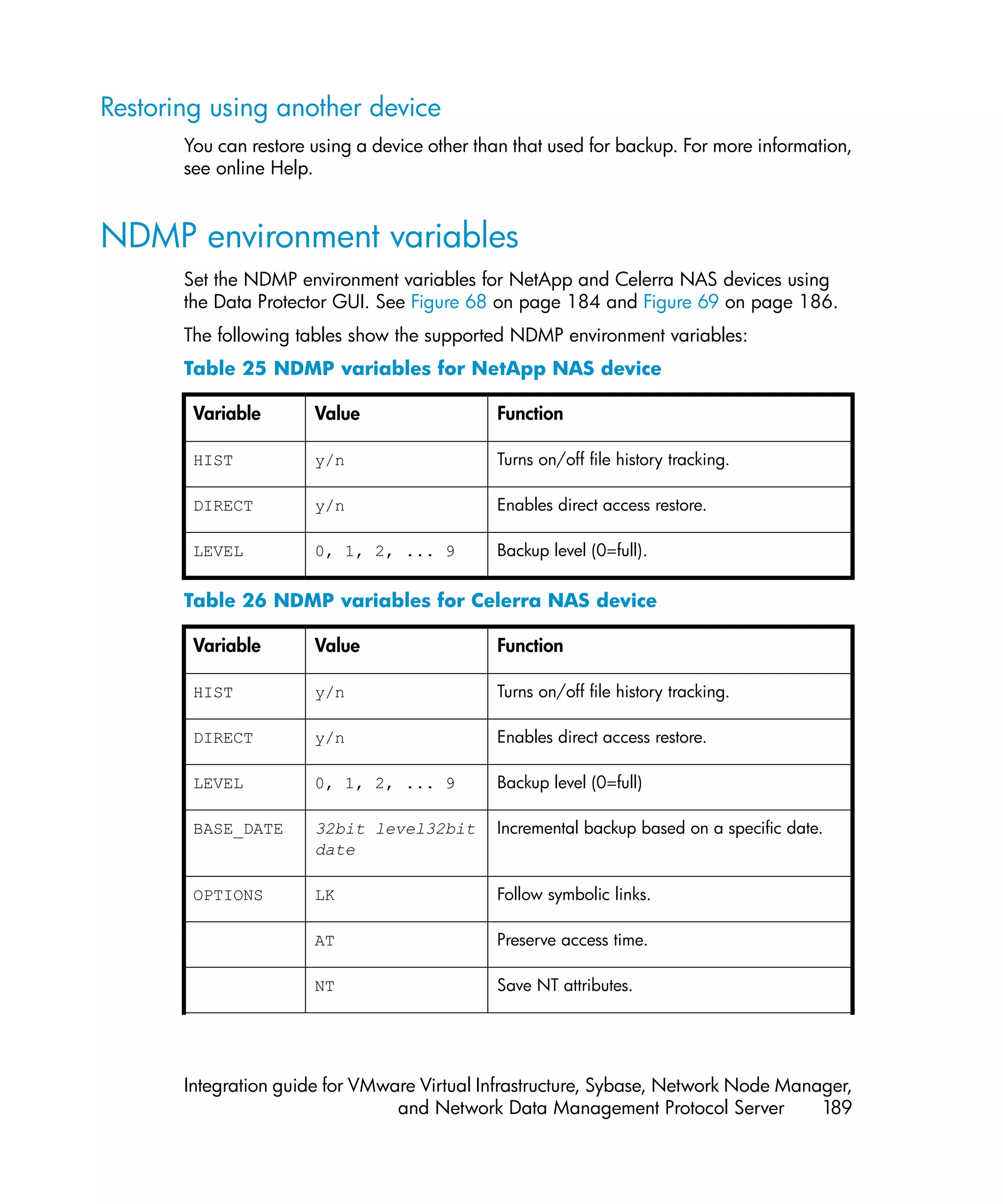 Restoring using another device
       You can restore using a device other than that used for backup. For more information,
       see online Help.


NDMP environment variables
       Set the NDMP environment variables for NetApp and Celerra NAS devices using
       the Data Protector GUI. See Figure 68 on page 184 and Figure 69 on page 186.
       The following tables show the supported NDMP environment variables:
       Table 25 NDMP variables for NetApp NAS device

        Variable       Value                  Function

        HIST           y/n                    Turns on/off file history tracking.

        DIRECT         y/n                    Enables direct access restore.

        LEVEL          0, 1, 2, ... 9         Backup level (0=full).


       Table 26 NDMP variables for Celerra NAS device

        Variable       Value                  Function

        HIST           y/n                    Turns on/off file history tracking.

        DIRECT         y/n                    Enables direct access restore.

        LEVEL          0, 1, 2, ... 9         Backup level (0=full)

        BASE_DATE      32bit level32bit       Incremental backup based on a specific date.
                       date

        OPTIONS        LK                     Follow symbolic links.

                       AT                     Preserve access time.

                       NT                     Save NT attributes.




       Integration guide for VMware Virtual Infrastructure, Sybase, Network Node Manager,
                                 and Network Data Management Protocol Server         189
 