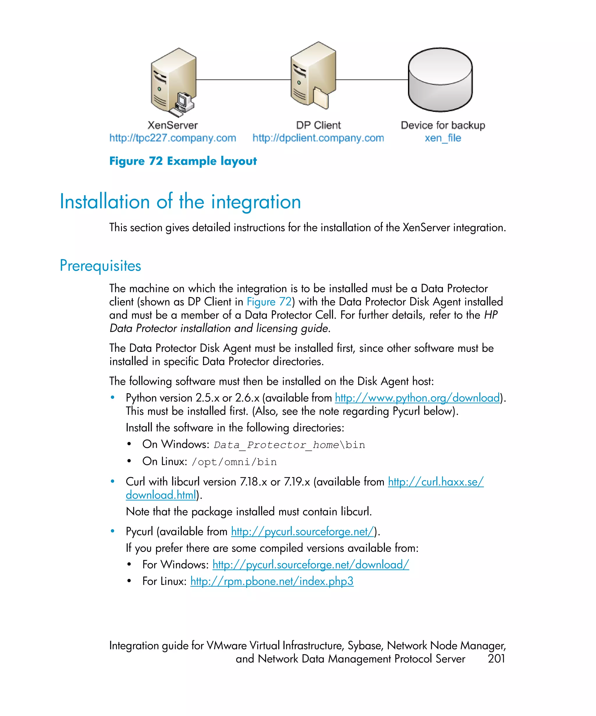 Figure 72 Example layout


Installation of the integration
       This section gives detailed instructions for the installation of the XenServer integration.


Prerequisites
       The machine on which the integration is to be installed must be a Data Protector
       client (shown as DP Client in Figure 72) with the Data Protector Disk Agent installed
       and must be a member of a Data Protector Cell. For further details, refer to the HP
       Data Protector installation and licensing guide.
       The Data Protector Disk Agent must be installed first, since other software must be
       installed in specific Data Protector directories.
       The following software must then be installed on the Disk Agent host:
       • Python version 2.5.x or 2.6.x (available from http://www.python.org/download).
          This must be installed first. (Also, see the note regarding Pycurl below).
          Install the software in the following directories:
          • On Windows: Data_Protector_homebin
          • On Linux: /opt/omni/bin
       • Curl with libcurl version 7.18.x or 7.19.x (available from http://curl.haxx.se/
         download.html).
         Note that the package installed must contain libcurl.
       • Pycurl (available from http://pycurl.sourceforge.net/).
         If you prefer there are some compiled versions available from:
         • For Windows: http://pycurl.sourceforge.net/download/
         • For Linux: http://rpm.pbone.net/index.php3




       Integration guide for VMware Virtual Infrastructure, Sybase, Network Node Manager,
                                 and Network Data Management Protocol Server         201
 
