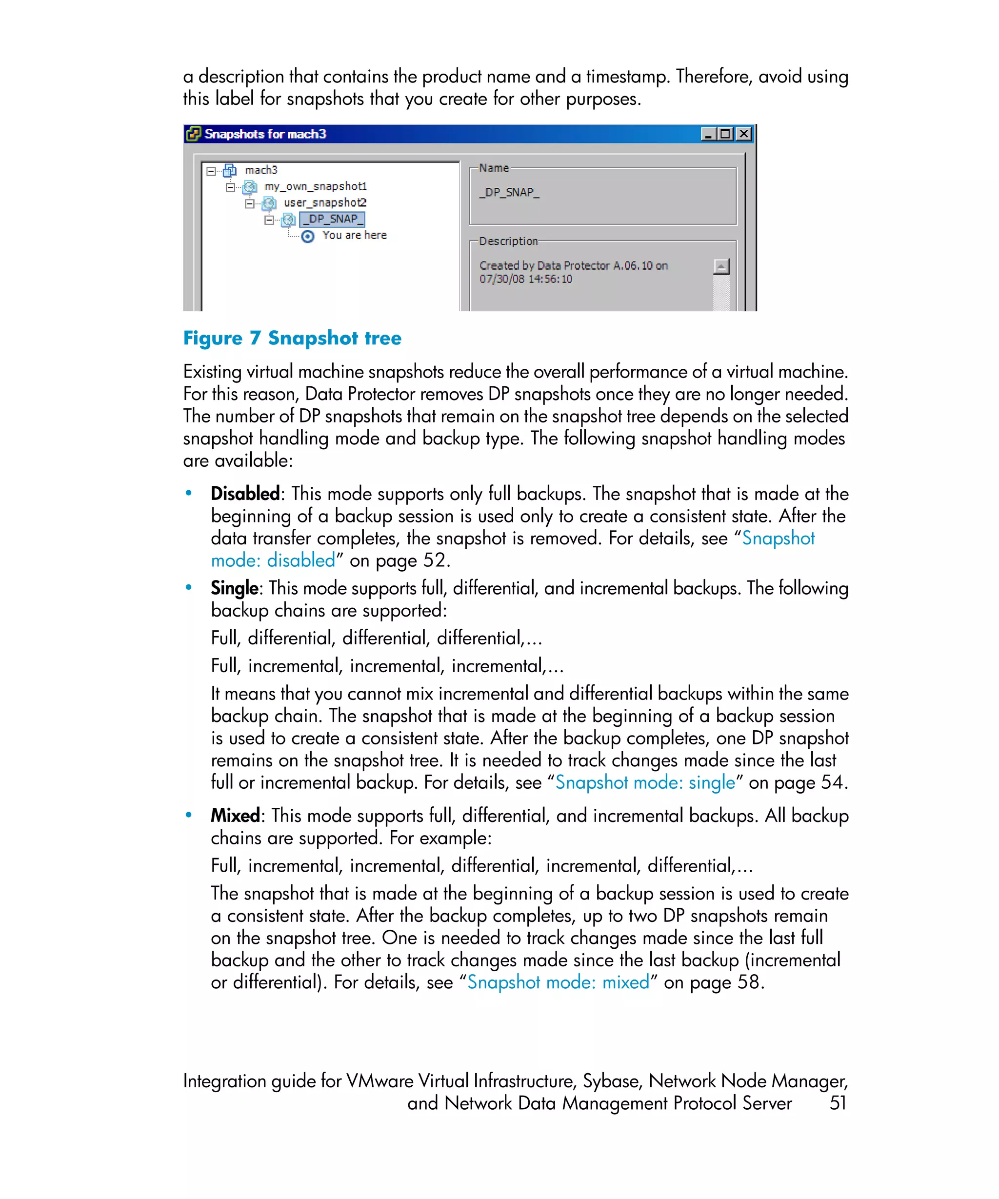 a description that contains the product name and a timestamp. Therefore, avoid using
this label for snapshots that you create for other purposes.




Figure 7 Snapshot tree
Existing virtual machine snapshots reduce the overall performance of a virtual machine.
For this reason, Data Protector removes DP snapshots once they are no longer needed.
The number of DP snapshots that remain on the snapshot tree depends on the selected
snapshot handling mode and backup type. The following snapshot handling modes
are available:
• Disabled: This mode supports only full backups. The snapshot that is made at the
  beginning of a backup session is used only to create a consistent state. After the
  data transfer completes, the snapshot is removed. For details, see “Snapshot
  mode: disabled” on page 52.
• Single: This mode supports full, differential, and incremental backups. The following
  backup chains are supported:
  Full, differential, differential, differential,...
  Full, incremental, incremental, incremental,...
  It means that you cannot mix incremental and differential backups within the same
  backup chain. The snapshot that is made at the beginning of a backup session
  is used to create a consistent state. After the backup completes, one DP snapshot
  remains on the snapshot tree. It is needed to track changes made since the last
  full or incremental backup. For details, see “Snapshot mode: single” on page 54.
• Mixed: This mode supports full, differential, and incremental backups. All backup
  chains are supported. For example:
  Full, incremental, incremental, differential, incremental, differential,...
  The snapshot that is made at the beginning of a backup session is used to create
  a consistent state. After the backup completes, up to two DP snapshots remain
  on the snapshot tree. One is needed to track changes made since the last full
  backup and the other to track changes made since the last backup (incremental
  or differential). For details, see “Snapshot mode: mixed” on page 58.




Integration guide for VMware Virtual Infrastructure, Sybase, Network Node Manager,
                           and Network Data Management Protocol Server         51
 