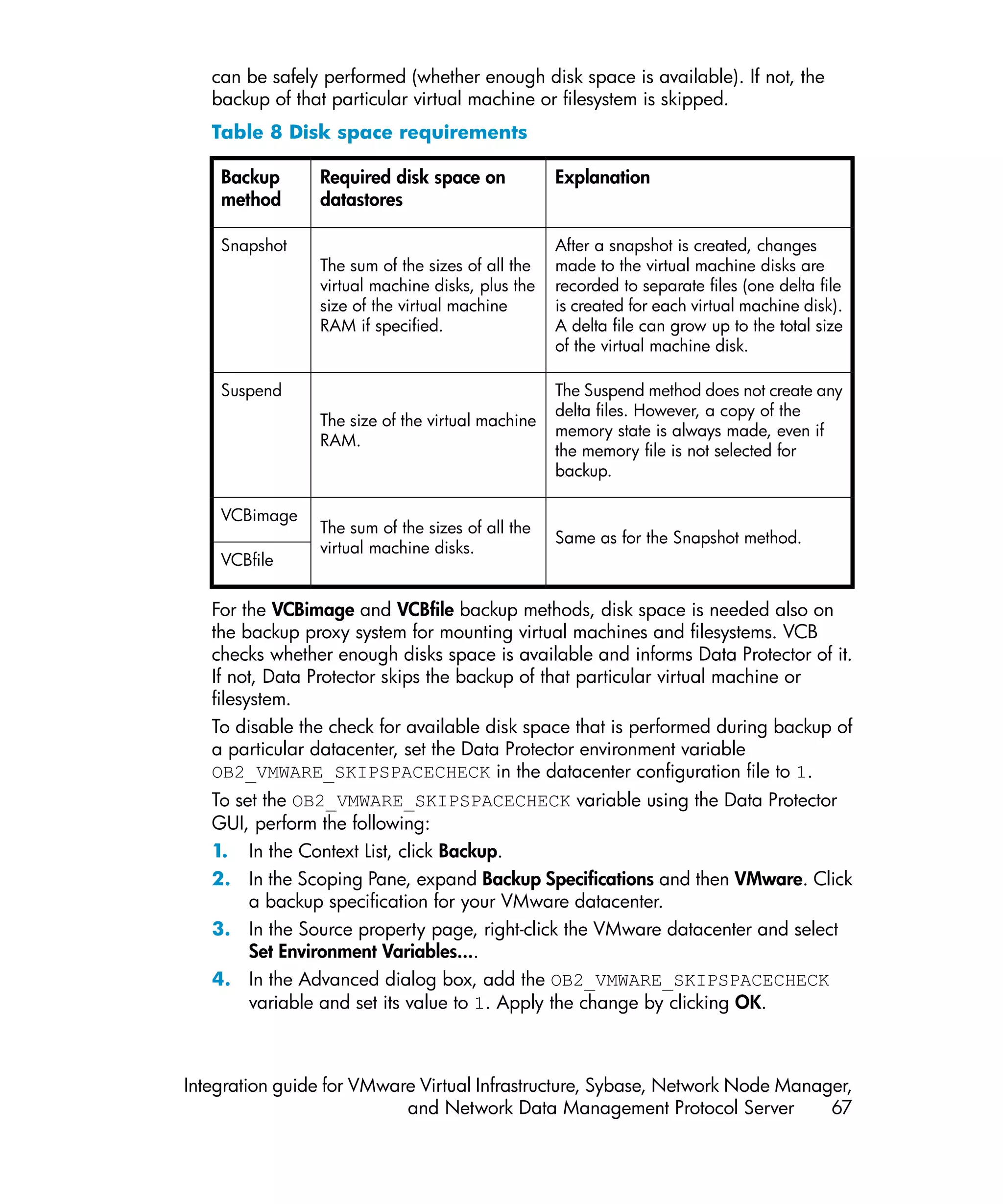 can be safely performed (whether enough disk space is available). If not, the
   backup of that particular virtual machine or filesystem is skipped.
   Table 8 Disk space requirements

    Backup      Required disk space on            Explanation
    method      datastores

    Snapshot                                      After a snapshot is created, changes
                The sum of the sizes of all the   made to the virtual machine disks are
                virtual machine disks, plus the   recorded to separate files (one delta file
                size of the virtual machine       is created for each virtual machine disk).
                RAM if specified.                 A delta file can grow up to the total size
                                                  of the virtual machine disk.

    Suspend                                       The Suspend method does not create any
                                                  delta files. However, a copy of the
                The size of the virtual machine
                                                  memory state is always made, even if
                RAM.
                                                  the memory file is not selected for
                                                  backup.

    VCBimage
                The sum of the sizes of all the
                                                  Same as for the Snapshot method.
                virtual machine disks.
    VCBfile


   For the VCBimage and VCBfile backup methods, disk space is needed also on
   the backup proxy system for mounting virtual machines and filesystems. VCB
   checks whether enough disks space is available and informs Data Protector of it.
   If not, Data Protector skips the backup of that particular virtual machine or
   filesystem.
   To disable the check for available disk space that is performed during backup of
   a particular datacenter, set the Data Protector environment variable
   OB2_VMWARE_SKIPSPACECHECK in the datacenter configuration file to 1.
   To set the OB2_VMWARE_SKIPSPACECHECK variable using the Data Protector
   GUI, perform the following:
   1. In the Context List, click Backup.
   2. In the Scoping Pane, expand Backup Specifications and then VMware. Click
        a backup specification for your VMware datacenter.
   3. In the Source property page, right-click the VMware datacenter and select
        Set Environment Variables....
   4. In the Advanced dialog box, add the OB2_VMWARE_SKIPSPACECHECK
        variable and set its value to 1. Apply the change by clicking OK.



Integration guide for VMware Virtual Infrastructure, Sybase, Network Node Manager,
                           and Network Data Management Protocol Server         67
 