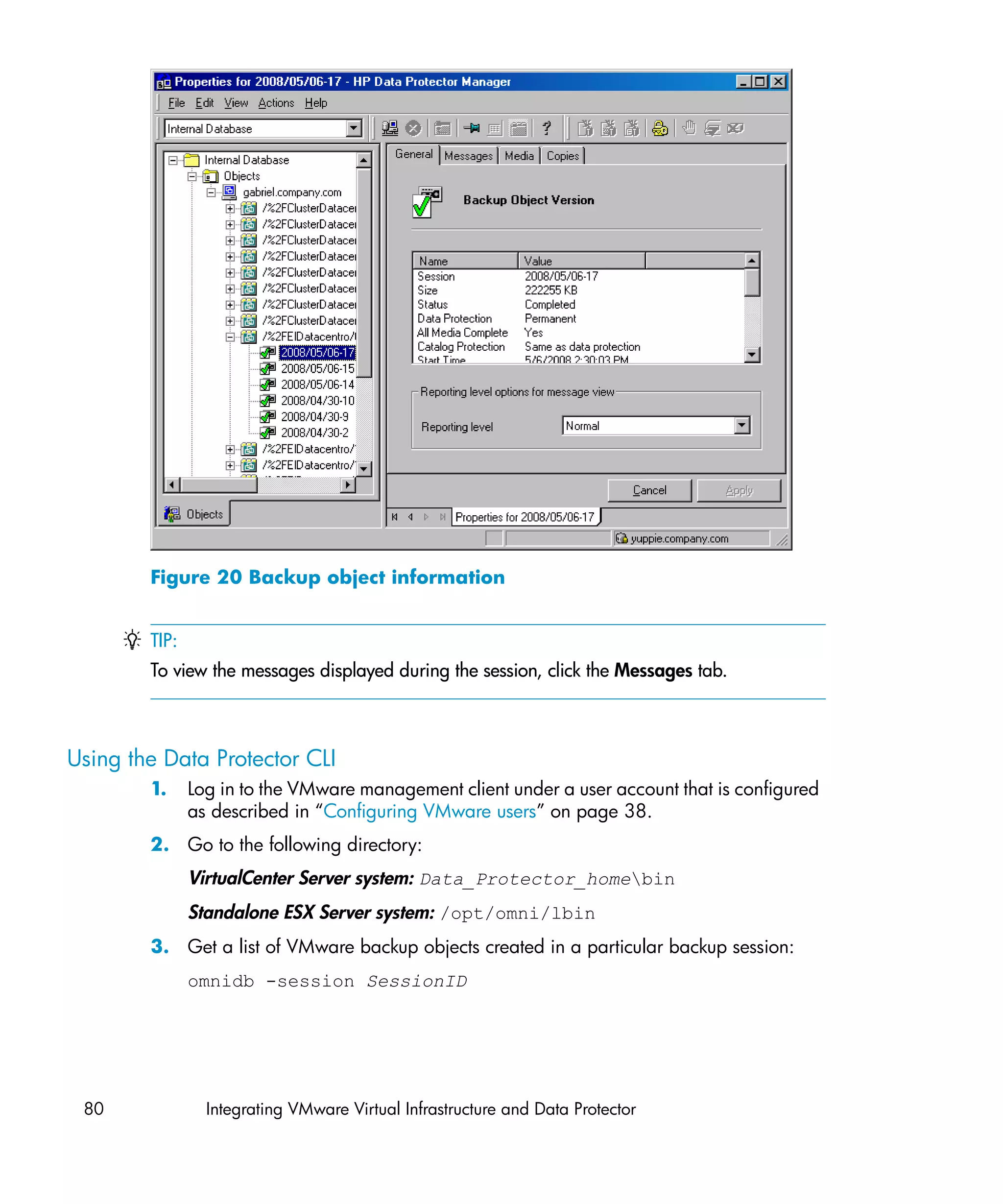 Figure 20 Backup object information


        TIP:
        To view the messages displayed during the session, click the Messages tab.



Using the Data Protector CLI
        1.     Log in to the VMware management client under a user account that is configured
               as described in “Configuring VMware users” on page 38.
        2. Go to the following directory:
               VirtualCenter Server system: Data_Protector_homebin
               Standalone ESX Server system: /opt/omni/lbin
        3. Get a list of VMware backup objects created in a particular backup session:
               omnidb -session SessionID




 80              Integrating VMware Virtual Infrastructure and Data Protector
 