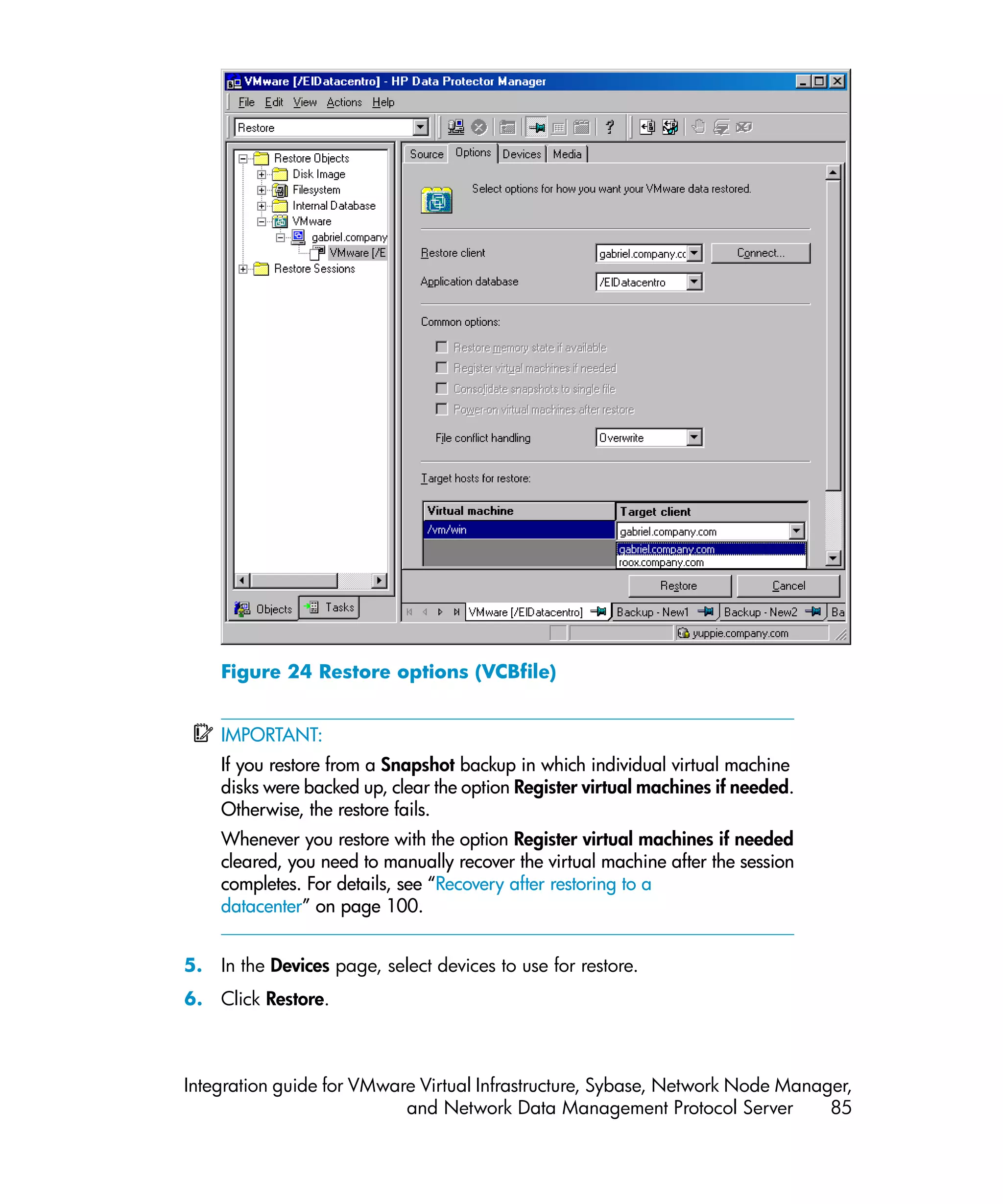 Figure 24 Restore options (VCBfile)


    IMPORTANT:
    If you restore from a Snapshot backup in which individual virtual machine
    disks were backed up, clear the option Register virtual machines if needed.
    Otherwise, the restore fails.
    Whenever you restore with the option Register virtual machines if needed
    cleared, you need to manually recover the virtual machine after the session
    completes. For details, see “Recovery after restoring to a
    datacenter” on page 100.


5. In the Devices page, select devices to use for restore.
6. Click Restore.



Integration guide for VMware Virtual Infrastructure, Sybase, Network Node Manager,
                           and Network Data Management Protocol Server         85
 