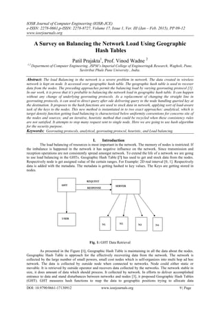 IOSR Journal of Computer Engineering (IOSR-JCE)
e-ISSN: 2278-0661,p-ISSN: 2278-8727, Volume 17, Issue 1, Ver. III (Jan – Feb. 2015), PP 09-12
www.iosrjournals.org
DOI: 10.9790/0661-17130912 www.iosrjournals.org 9 | Page
A Survey on Balancing the Network Load Using Geographic
Hash Tables
Patil Prajakta1
, Prof. Vinod Wadne 2
1,2
Department of Computer Engineering, JSPM’s Imperial College of Engineering& Research, Wagholi, Pune,
Savitribai Phule Pune University , India.
Abstract: The load Balancing in the network is a severe problem in network. The data created in wireless
network is kept on node. It accessed over geographic hash table. The geographic hash table is used to recover
data from the nodes. The preceding approaches permit the balancing load by varying georouting protocol [1].
In our work, it is prove that it’s probable to balancing the network load in geographic hash table. It can happen
without any change of underlying georouting protocols. As a replacement of changing the straight line in
georouting protocols, it can used to direct query after ode delivering query to the node handling queried key at
the destination. It proposes to the hash functions are used to stock data in network, applying sort of load-aware
task of the keys to the nodes. This new method is instantiated in to two exact approaches: analytical, which is
target density function getting load balancing is characterized below uniformity conventions for concerns site of
the nodes and sources; and an iterative, heuristic method that could be recycled when these consistency rules
are not satisfied. It attempts to stop many request sent to single node. Here we are going to use hash algorithm
for the security purpose.
Keywords: Georouting protocols, analytical, georouting protocol, heuristic, and Load balancing.
I. Introduction
The load balancing of resources is most important in the network. The memory of nodes is restricted. If
the imbalance is happened in the network it has negative influence on the network. Since transmission and
reception operations are not consistently spread amongst network. To extend the life of a network we are going
to use load balancing in the GHTs. Geographic Hash Table [7] has used to get and stock data from the nodes.
Respectively node is get assigned value of the certain ranges. For Example: 2D real interval [0, 1]. Respectively
data is added with the metadata. The metadata is getting hashed to key values. The Keys are getting stored in
nodes.
Fig. 1: GHT Data Retrieval
As presented in the Figure [1], Geographic Hash Table is maintaining in all the data about the nodes.
Geographic Hash Table is approach for the effectively recovering data from the network. The network is
collected by the large number of small powers, small cost nodes which is self-organizes into multi hop ad hoc
network. The data is collected by outside node when connected to networks. Node could either static or
movable. It is retrieved by outside operator and recovers data collected by the networks. The network stable in
size, it does amount of data which should process. It collected by network. In efforts to deliver accomplished
entrance to data and stand disturbances between networks and nodes [3], it proposed Geographic Hash Tables
(GHT). GHT measures hash functions to map the data to geographic positions trying to allocate data
 