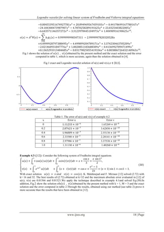 Legendre wavelet for solving linear system of Fredholm and Volterra integral equations
www.ijres.org 18 | Page
Fig.1 shows the solution of obtained by the present method and the exact solution and the error
computed in table 1, which is more accurate, again than the solution obtained in [4].
Fig.1 exact and Legendre wavelet solution of u(x) and v(x),
Table 1. The error of u(x) and v(x) of example 4.2
x Error u Error v
0
0.2
0.4
0.6
0.8
1.0
Example 4.3 ([12]): Consider the following system of Fredholm integral equations
With exact solution . K. Maleknejad and F. Mirzaee [12] solved (2.72) with
k= 16 and 32. The best results of (2.72) obtained at k=32 and the maximum absolute error evaluated in [12] of
u(x), v(x) are 0.01566 and 0.01321.We apply the technique described in example 4.1and solved Eq.(30).In
addition, Fig.2 show the solution of obtained by the present method with k = 1, M = 5 and the exact
solution and the error computed in table 2.Through the results, obtained using our method (see table 2) prove it
more accurate than the results that have been obtained in [12].
 