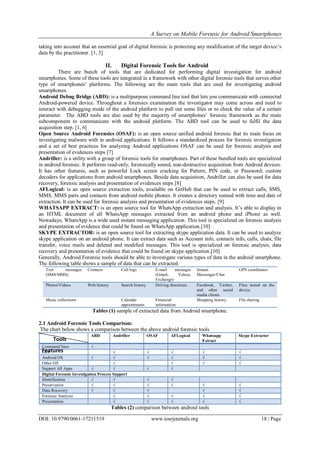A Survey on Mobile Forensic for Android Smartphones
DOI: 10.9790/0661-17211519 www.iosrjournals.org 18 | Page
taking into account that an essential goal of digital forensic is protecting any modification of the target device‟s
data by the practitioner. [1, 3]
II. Digital Forensic Tools for Android
There are bunch of tools that are dedicated for performing digital investigation for android
smartphones. Some of these tools are integrated in a framework with other digital forensic tools that serves other
type of smartphones‟ platforms. The following are the main tools that are used for investigating android
smartphones.
Android Debug Bridge (ABD): is a multipurpose command line tool that lets you communicate with connected
Android-powered device. Throughout a forensics examination the investigator may come across and need to
interact with debugging mode of the android platform to pull out some files or to check the value of a certain
parameter. The ABD tools are also used by the majority of smartphones‟ forensic framework as the main
subcomponent to communicate with the android platform. The ABD tool can be used to fulfil the data
acquisition step. [1, 6]
Open Source Android Forensics (OSAF): is an open source unified android forensic that its main focus on
investigating malware with in android applications. It follows a standardized process for forensic investigation
and a set of best practices for analyzing Android applications OSAF can be used for forensic analysis and
presentation of evidences steps [7]
Andriller: is a utility with a group of forensic tools for smartphones. Part of these bundled tools are specialized
in android forensic. It performs read-only, forensically sound, non-destructive acquisition from Android devices.
It has other features, such as powerful Lock screen cracking for Pattern, PIN code, or Password; custom
decoders for applications from android smartphones. Beside data acquisition, Andriller can also be used for data
recovery, forensic analysis and presentation of evidences steps [8]
AFLogical: is an open source extraction tools, available on GitHub that can be used to extract calls, SMS,
MMS, MMS parts and contacts from android mobile phones. It creates a directory named with time and date of
extraction. It can be used for forensic analysis and presentation of evidences steps. [9]
WHATSAPP EXTRACT: is an open source tool for WhatsApp extraction and analysis. It‟s able to display in
an HTML document of all WhatsApp messages extracted from an android phone and iPhone as well.
Nowadays, WhatsApp is a wide used instant messaging application. This tool is specialized on forensic analysis
and presentation of evidence that could be found on WhatsApp application.[10]
SKYPE EXTRACTOR: is an open source tool for extracting skype application data. It can be used to analyze
skype application on an android phone. It can extract data such as Account info, contacts info, calls, chats, file
transfer, voice mails and deleted and modified messages. This tool is specialized on forensic analysis, data
recovery and presentation of evidence that could be found on skype application.[10]
Generally, Android Forensic tools should be able to investigate various types of data in the android smartphone.
The following table shows a sample of data that can be extracted.
Text messages
(SMS/MMS)
Contacts Call logs E-mail messages
(Gmail, Yahoo,
Exchange)
Instant
Messenger/Chat
GPS coordinates
Photos/Videos Web history Search history Driving directions Facebook, Twitter,
and other social
media clients
Files stored on the
device
Music collections Calendar
appointments
Financial
information
Shopping history File sharing
Tables (1) sample of extracted data from Android smartphone.
2.1 Android Forensic Tools Comparison:
The chart below shows a comparison between the above android forensic tools
ABD Andriller OSAF AFLogical Whatsapp
Extract
Skype Extractor
Command lines √
GUI √ √ √ √ √
Android OS √ √ √ √ √ √
Other OS √ √ √ √
Support All Apps √ √ √ √
Digital Forensic Investigation Process Support
Identification √ √ √ √
Preservation √ √ √ √ √ √
Data Recovery √ √ √ √ √
Forensic Analysis √ √ √ √ √
Presentation √ √ √ √ √
Tables (2) comparison between android tools
Tools
Features
 