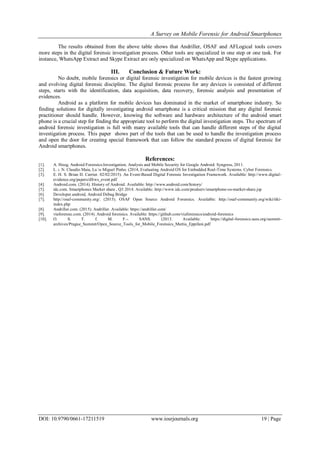 A Survey on Mobile Forensic for Android Smartphones
DOI: 10.9790/0661-17211519 www.iosrjournals.org 19 | Page
The results obtained from the above table shows that Andriller, OSAF and AFLogical tools covers
more steps in the digital forensic investigation process. Other tools are specialized in one step or one task. For
instance, WhatsApp Extract and Skype Extract are only specialized on WhatsApp and Skype applications.
III. Conclusion & Future Work:
No doubt, mobile forensics or digital forensic investigation for mobile devices is the fastest growing
and evolving digital forensic discipline. The digital forensic process for any devices is consisted of different
steps, starts with the identification, data acquisition, data recovery, forensic analysis and presentation of
evidences.
Android as a platform for mobile devices has dominated in the market of smartphone industry. So
finding solutions for digitally investigating android smartphone is a critical mission that any digital forensic
practitioner should handle. However, knowing the software and hardware architecture of the android smart
phone is a crucial step for finding the appropriate tool to perform the digital investigation steps. The spectrum of
android forensic investigation is full with many available tools that can handle different steps of the digital
investigation process. This paper shows part of the tools that can be used to handle the investigation process
and open the door for creating special framework that can follow the standard process of digital forensic for
Android smartphones.
References:
[1]. A. Hoog, Android Forensics:Investigation, Analysis and Mobile Security for Google Android: Syngress, 2011.
[2]. L. ı. N. Claudio Maia, Lu´ıs Miguel Pinho. (2014, Evaluating Android OS for Embedded Real-Time Systems. Cyber Forensics.
[3]. E. H. S. Brian D. Carrier. 02/02/2015). An Event-Based Digital Forensic Investigation Framework. Available: http://www.digital-
evidence.org/papers/dfrws_event.pdf
[4]. Android.com. (2014). History of Android. Available: http://www.android.com/history/
[5]. idc.com. Smartphones Market share , Q3 2014. Available: http://www.idc.com/prodserv/smartphone-os-market-share.jsp
[6]. Developer.android, Android Debug Bridge
[7]. http://osaf-community.org/. (2015). OSAF Open Source Android Forensics. Available: http://osaf-community.org/wiki/tiki-
index.php
[8]. Andriller.com. (2015). Andriller. Available: https://andriller.com/
[9]. viaforensic.com. (2014). Android forensics. Available: https://github.com/viaforensics/android-forensics
[10]. O. S. T. f. M. F.-. SANS. (2013. Available: https://digital-forensics.sans.org/summit-
archives/Prague_Summit/Open_Source_Tools_for_Mobile_Forensics_Mattia_Eppifani.pdf
 