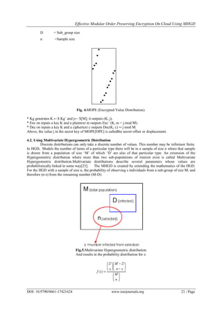 Effective Modular Order Preserving Encryption On Cloud Using MHGD
DOI: 10.9790/0661-17421624 www.iosrjournals.org 21 | Page
D = Sub_group size
n =Sample size
Fig. 4.MOPE (Encrypted Value Distribution).
* Kg generates K ←$ Kg´ and j← $[M]; it outputs (K; j).
* Enc on inputs a key K and a plaintext m outputs Enc´ (K, m + j mod M).
* Dec on inputs a key K and a ciphertext c outputs Dec(K; c) ─ j mod M.
Above, the value j in the secret key of MOPE[OPE] is calledthe secret offset or displacement.
4.2. Using Multivariate Hypergeometric Distribution
Discrete distributions can only take a discrete number of values. This number may be infiniteor finite.
In HGD, Models the number of items of a particular type there will be in a sample of size n where that sample
is drawn from a population of size ‗M‘ of which ‗D‘ are also of that particular type. An extension of the
Hypergeometric distribution where more than two sub-populations of interest exist is called Multivariate
Hypergeometric distribution.Multivariate distributions describe several parameters whose values are
probabilistically linked in some way[23]. The MHGD is created by extending the mathematics of the HGD.
For the HGD with a sample of size n, the probability of observing s individuals from a sub-group of size M, and
therefore (n-s) from the remaining number (M-D):
Fig.5.Multivariate Hypergeometric distribution
And results in the probability distribution for s:
 