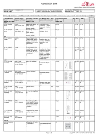 WORKSHEET - BOM
Lifecycle Status: Master WS Published
Style No. (Tobas) 13.503.31.2170 Last Modified (CET) 09.07.2014
Style No. (SAP)
For detailed information, pls. follow our Quality Guideline
Catalog or contact the Quality Assurance in Rottendorf Print Date (CET) 09.07.2014
Page: 2 / 6 copyright © s.Oliver Bernd Freier GmbH & Co. KG
Contrary to §4 (6) sub-clause 4 of the P & L contract the materials listed in the worksheet are only recommendations unless a source of supply is expressly stated under "bindingly specified (BS)"
* = samplecolor
s.Oliver Material
Code /
Material Sub Class
Supplier Name /
Supplier Ref Code
Description / Structure /
Construction /
Material Finish
Key Material Title /
Position Information
Size /
Unit
Consumption /
Unit /
Size to Size
Image BS 5537* 9999*
Fabric
FA-CK-1004642
Jersey
LOCAL /
Basic Quality, SJ1
Basic Single Jersey, SJ1 /
Single Jersey /
/
enzyme washed
Shell fabric (ERP) /
+ halfmoon, + as elas
tic tapes for shoulde
rseam
0.0 yrd DYTM DYTM
FA-CK-1004640
Jersey
LOCAL /
Basic Quality SJ11
Basic Single Jersey, S
J11 /
Single Jersey /
/
enzyme washed
/
necktape, 12mm
0.0 yrd 9222 9222
Trim
TR-TH-1000447
Thread
LOCAL /
n/a
Dummy Material from
Local Supplier without
Supplier and Materia
ldetails in PLM - pls do
not change! /
/
/
/
thread col. to fix the
necktape OUTSIDE
matching to shell
fabric
0.0 DYTM DYTM
TR-TH-1000447
Thread
LOCAL /
n/a
Dummy Material from
Local Supplier without
Supplier and Materia
ldetails in PLM - pls do
not change! /
/
/
/
thread col. for chainst
itching in CONTRAST
to fix the necktape
INSIDE in 2 differen
t colors! upper stitchi
ng in contrast color
1, under stitching in
contrast color 2
0.0 col.1 01
00, col.2
3071
col.1 01
00, col.2
0074
Label
LA-CL-1003524
Carelabel
SML / Local
(according approval) /
LA-CL-1003524
Main First Carelabel /
/
/
/
fixed inside left side
seam
1.0 pcs as Origi
nal
as Origi
nal
LA-CL-1003525
Carelabel
SML / Local
(according approval) /
LA-CL-1003525
Second Carelabel /
/
/
/
fixed inside left side
seam
1.0 pcs as Origi
nal
as Origi
nal
LA-SL-1004153
Sizelabel
A Tex Asia Ltd /
LA-SL-1004153
midfolded woven label /
/
/
/
fixed with lower neckt
ape seam, centered
C.B.
1.0 pcs as Origi
nal
as Origi
nal
LA-SR-1001606
Strings
SML /
LA-SR-1001606
Hangtag string /
/
/
/ 160 1.0 pcs as Origi
nal
as Origi
nal
LA-HT-1001630
Hangtags
Checkpoint /
LA-HT-1001630
CI Price-Hangtag Casu
al /
/
/
/ 1.0 pcs as Origi
nal
as Origi
nal
LA-HT-1006023
Hangtags
SML /
LA-HT-1006023
Special Hangtag "Slim
Fit" for: English, French,
Slovak (pls fix between
front- and backside of
Pricetag) /
/
/
/ 1.0 pcs as Origi
nal
as Origi
nal
LA-ST-1003473
EAN sticker
Checkpoint /
LA-ST-1003473
GTIN Sticker for NOOS
and free Assortment /
/
/
/ 1.0 pcs as Origi
nal
as Origi
nal
LA-HT-1001608
Hangtags
SML /
SESEHHH03L
Samplehangtag /
/
/
/ 1.0 pcs as Origi
nal
as Origi
nal
Artwork
AW-130-10-0000/
00-0109
/ s.Oliver Icon OPTION C
(Embroidery) /
/
/
/
20mm at left lower bot
tom
1.0 DYTM DYTM
 