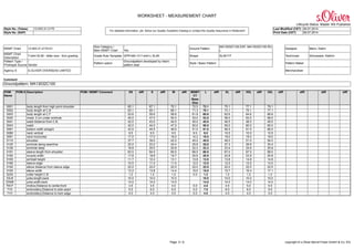 WORKSHEET - MEASUREMENT CHART
Lifecycle Status: Master WS Published
Style No. (Tobas) 13.503.31.2170 Last Modified (CET) 09.07.2014
Style No. (SAP)
For detailed information, pls. follow our Quality Guideline Catalog or contact the Quality Assurance in Rottendorf
Print Date (CET) 09.07.2014
Page: 5 / 6 copyright © s.Oliver Bernd Freier GmbH & Co. KG
MSMT Chart 13.503.31.2170-01
Size Category /
Main MSMT Chart
/
Yes
Ground Pattern
MA13032C100.DXF, MA13032C100.RU
L
Designer Mann, Katrin
MSMT Chart
Description
T-shirt SLIM - letter size - 5cm grading Grade Rule Template GPR-MA-13-T-shirt-L-SLIM Shape SLIM FIT Technician Schuessler, Kathrin
Pattern Type /
Prototype Source
/
Vendor
Pattern option
Groundpattern developed by intern.
pattern dept
Style / Basic Pattern Pattern Maker
Agency S S.OLIVER OVERSEAS LIMITED Merchandiser
Comment
Groundpattern: MA13032C100
POM
Name
POM-X Description POM / MSMT Comment XS diff. S diff. M diff. MSMT
CT
Base
Size
L diff. XL diff. XXL diff. 3XL diff. diff. diff. diff.
0001 body length from high point shoulder 65.1 67.1 70.1 72.5 72.1 75.1 77.1 79.1
0002 body length at C.B 63.1 65.1 68.1 71.3 70.1 73.1 75.1 77.1
0003 body length at C.F 53.6 55.6 58.6 61.8 60.6 62.6 64.6 66.6
0020 chest, 2 cm under armhole 45.0 47.0 50.0 53.0 53.0 58.0 63.0 68.0
0041 waist distance from C.B. 42.0 43.0 44.0 45.0 45.0 46.5 48.0 49.5
0043 waist 42.0 44.0 47.0 50.0 50.0 55.0 60.0 65.0
0081 bottom width straight 43.5 45.5 48.5 51.5 51.5 56.5 61.5 66.5
0090 neck vertical 9.5 9.5 9.5 9.5 9.5 10.5 10.5 10.5
0091 neck horizontal 17.0 17.0 18.0 14.2 18.0 19.0 19.0 19.5
0110 shoulder 37.7 39.0 42.0 45.0 45.0 48.0 51.0 54.0
0120 armhole along seamline 22.0 23.2 24.4 25.8 25.8 27.3 28.8 30.4
0126 armhole deep 18.8 20.0 20.8 22.2 22.2 23.4 24.6 25.8
0181 sleeve length from shoulder 63.5 64.5 65.5 66.5 66.5 67.0 67.5 68.0
0182 muscle width 17.8 18.8 19.7 20.9 20.9 22.8 23.9 25.8
0183 armball height 11.7 12.4 13.1 13.8 13.8 13.8 14.8 14.8
0185 sleeve edge 10.5 11.0 11.5 12.0 12.0 12.5 12.5 13.0
0192 elbow distance from sleeve edge 22.0 22.0 22.0 22.0 22.0 22.0 22.0 22.0
0193 elbow width 13.2 13.8 14.4 15.0 15.0 15.7 16.4 17.1
0234 collar height C.B 1.2 1.2 1.2 0.0 1.2 1.2 1.2 1.2
33LB yoke,length,back 10.0 10.0 10.0 10.0 10.0 10.0 10.0
33WB yoke,width,back 14.0 14.0 14.0 14.0 14.0 14.0 14.0
70CF motive,Distance to center,front 3.5 3.5 4.0 0.0 4.0 4.5 5.0 5.5
71S embroidery,Distance to side seam 5.5 6.0 6.5 0.0 7.0 8.0 8.5 9.5
71H embroidery,Distance to hem edge 4.0 4.0 4.0 0.0 4.0 4.0 4.0 4.0
 