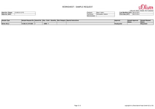 WORKSHEET - SAMPLE REQUEST
Lifecycle Status: Master WS Published
Style No. (Tobas) 13.503.31.2170 Designer Mann, Katrin Last Modified (CET) 09.07.2014
Style No. (SAP) Technician Schuessler, Kathrin Print Date (CET) 09.07.2014
Merchandiser
Page: 6 / 6 copyright © s.Oliver Bernd Freier GmbH & Co. KG
Sample Type Sample Request No. Submit No. Size : Color : Quantity Size Category Special Instructions Approval Sample Approval
Status
Sample Request
Status
Strike Off_S 13.503.31.2170-001 1 - : 0000 : 1 Headquarter Requested
 