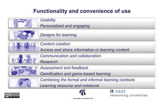 Functionality and convenience of use
Usability
Personalized and engaging
Designs for learning
Content creation
Access and share information or learning content
Communication and collaboration
Research
Assessment and feedback
Gamification and game-based learning
Combining the formal and informal learning contexts
Learning resource and notebook
 
