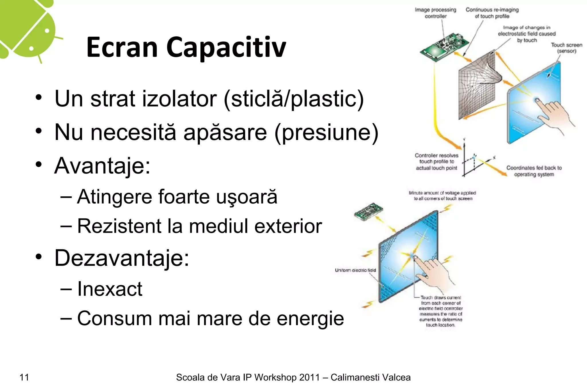 Ecran Capacitiv
     • Un strat izolator (sticlă/plastic)
     • Nu necesită apăsare (presiune)
     • Avantaje:
       – Atingere foarte uşoară
       – Rezistent la mediul exterior
     • Dezavantaje:
       – Inexact
       – Consum mai mare de energie

11                  Scoala de Vara IP Workshop 2011 – Calimanesti Valcea
 