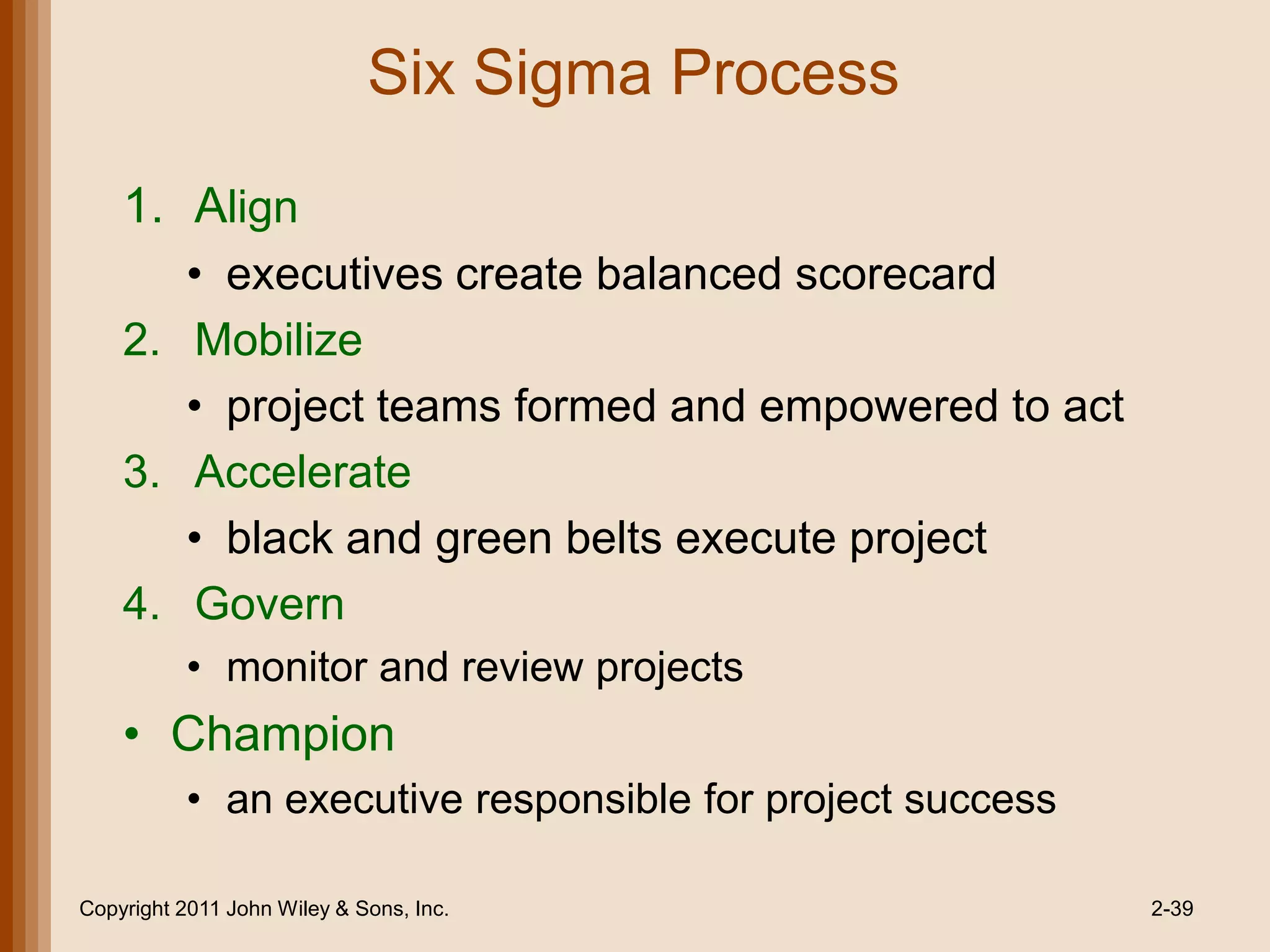 Six Sigma Process

    1. Align
       • executives create balanced scorecard
    2. Mobilize
       • project teams formed and empowered to act
    3. Accelerate
       • black and green belts execute project
    4. Govern
          • monitor and review projects
    • Champion
          • an executive responsible for project success

Copyright 2011 John Wiley & Sons, Inc.                     2-39
 