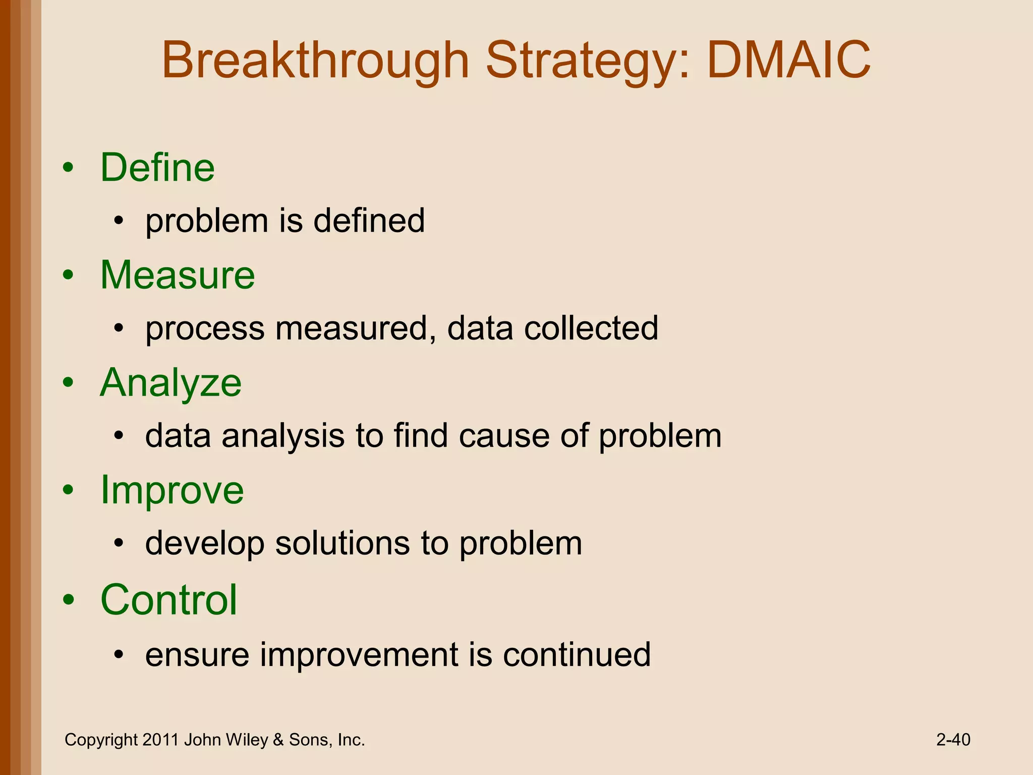Breakthrough Strategy: DMAIC

• Define
      • problem is defined
• Measure
      • process measured, data collected
• Analyze
      • data analysis to find cause of problem
• Improve
      • develop solutions to problem
• Control
      • ensure improvement is continued

Copyright 2011 John Wiley & Sons, Inc.           2-40
 