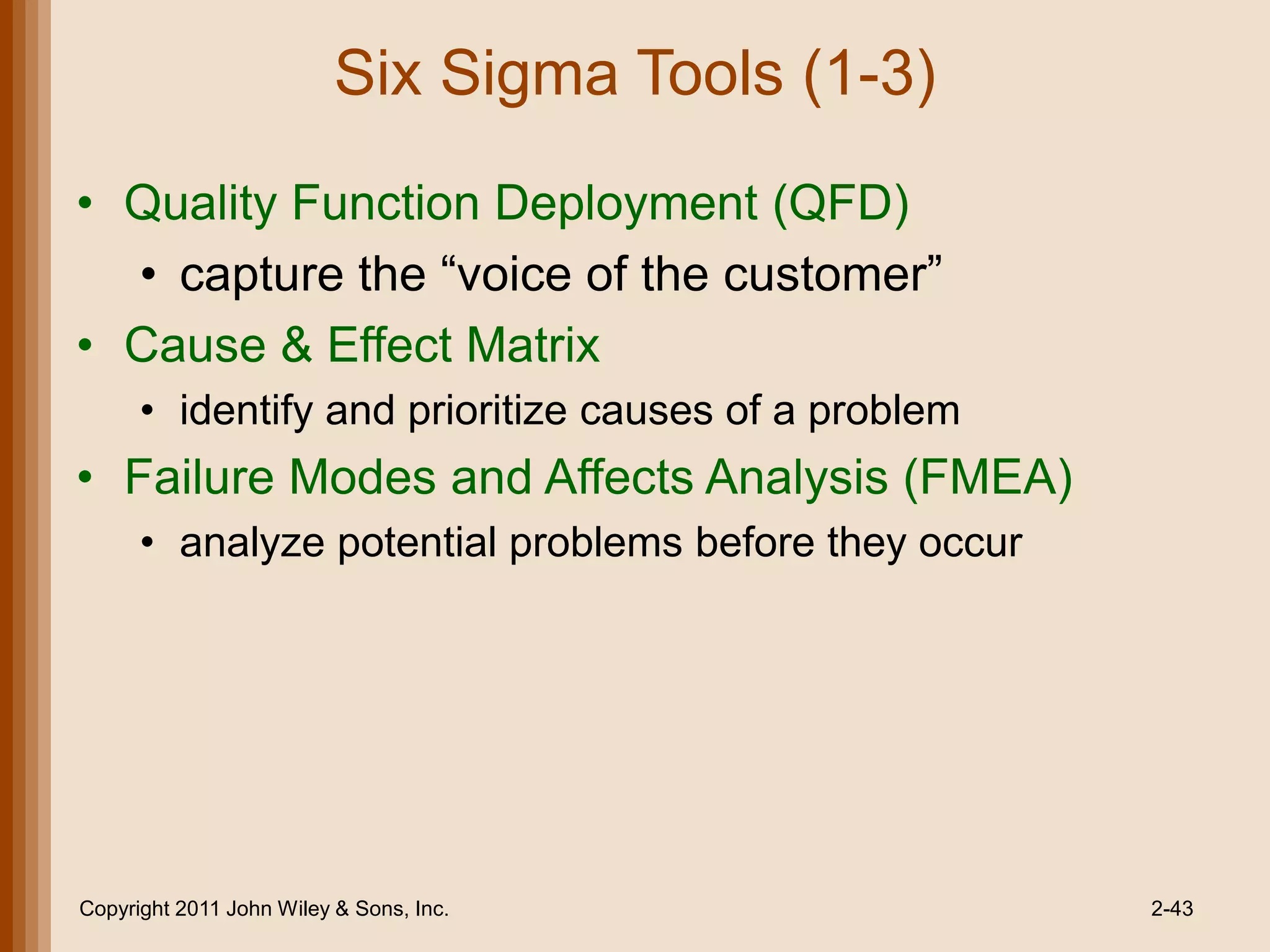 Six Sigma Tools (1-3)
• Quality Function Deployment (QFD)
  • capture the ―voice of the customer‖
• Cause & Effect Matrix
      • identify and prioritize causes of a problem
• Failure Modes and Affects Analysis (FMEA)
      • analyze potential problems before they occur




Copyright 2011 John Wiley & Sons, Inc.                 2-43
 