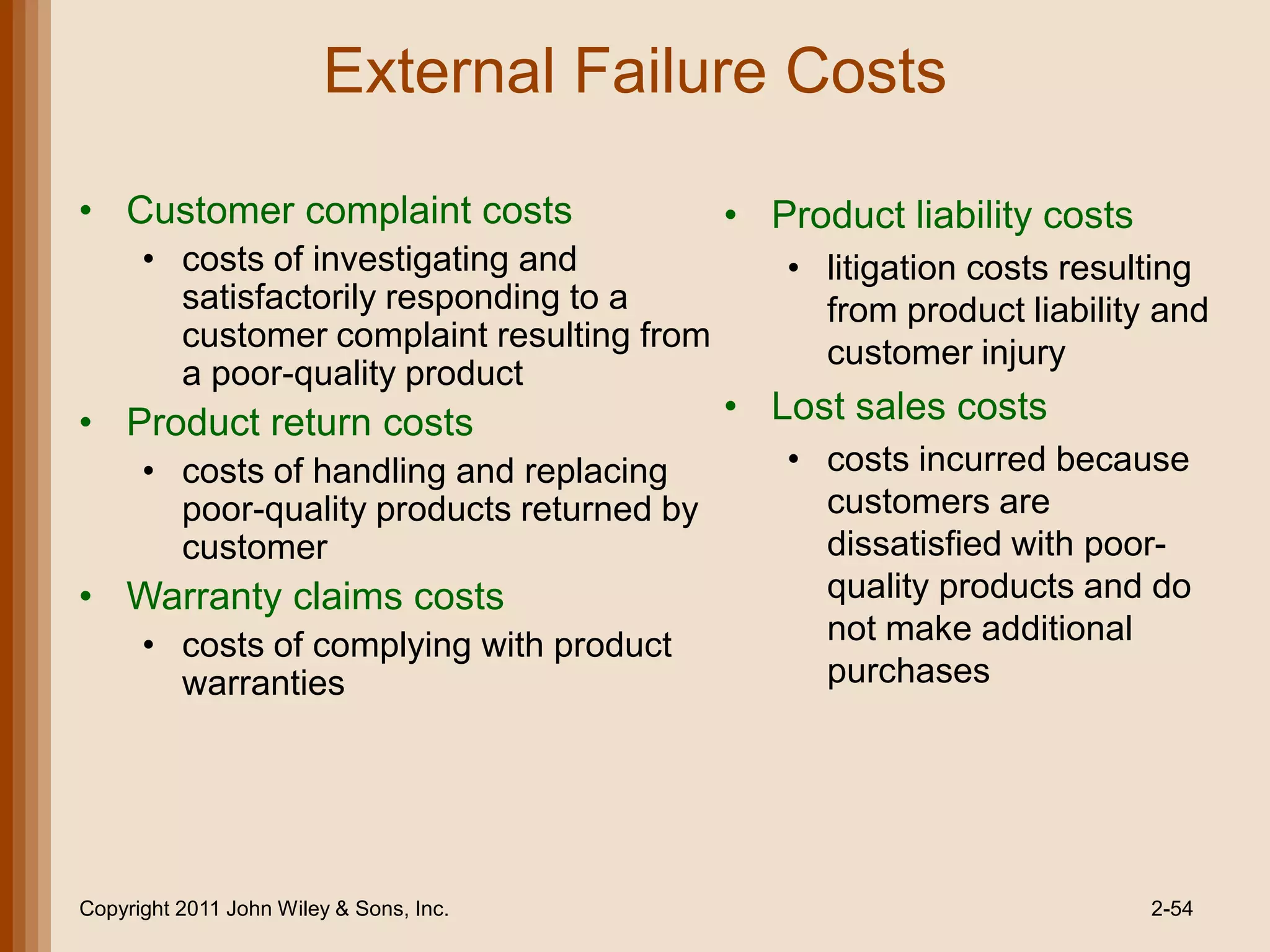 External Failure Costs

• Customer complaint costs                  • Product liability costs
      • costs of investigating and             • litigation costs resulting
        satisfactorily responding to a           from product liability and
        customer complaint resulting from        customer injury
        a poor-quality product
• Product return costs                      • Lost sales costs
      • costs of handling and replacing        • costs incurred because
        poor-quality products returned by        customers are
        customer                                 dissatisfied with poor-
• Warranty claims costs                          quality products and do
      • costs of complying with product          not make additional
        warranties                               purchases




Copyright 2011 John Wiley & Sons, Inc.                                  2-54
 