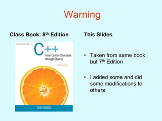 Warning
Class Book: 8th Edition This Slides
• Taken from same book
but 7th Edition
• I added some and did
some modifications to
others
 