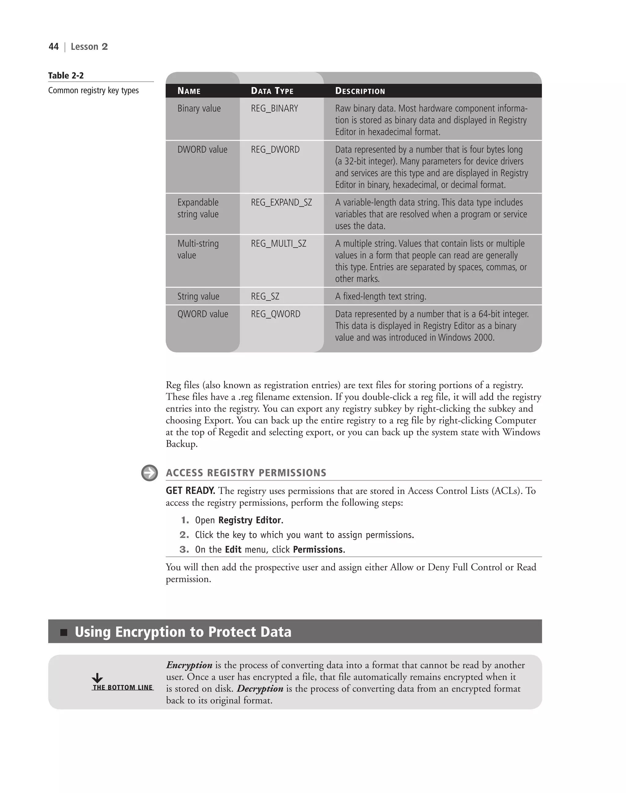 44 | Lesson 2
Table 2-2
Common registry key types NAME DATA TYPE DESCRIPTION
Binary value REG_BINARY Raw binary data. Most hardware component informa-
tion is stored as binary data and displayed in Registry
Editor in hexadecimal format.
DWORD value REG_DWORD Data represented by a number that is four bytes long
(a 32-bit integer). Many parameters for device drivers
and services are this type and are displayed in Registry
Editor in binary, hexadecimal, or decimal format.
Expandable REG_EXPAND_SZ A variable-length data string. This data type includes
string value variables that are resolved when a program or service
uses the data.
Multi-string REG_MULTI_SZ A multiple string. Values that contain lists or multiple
value values in a form that people can read are generally
this type. Entries are separated by spaces, commas, or
other marks.
String value REG_SZ A fixed-length text string.
QWORD value REG_QWORD Data represented by a number that is a 64-bit integer.
This data is displayed in Registry Editor as a binary
value and was introduced in Windows 2000.
Reg files (also known as registration entries) are text files for storing portions of a registry.
These files have a .reg filename extension. If you double-click a reg file, it will add the registry
entries into the registry. You can export any registry subkey by right-clicking the subkey and
choosing Export. You can back up the entire registry to a reg file by right-clicking Computer
at the top of Regedit and selecting export, or you can back up the system state with Windows
Backup.
ACCESS REGISTRY PERMISSIONS
GET READY. The registry uses permissions that are stored in Access Control Lists (ACLs). To
access the registry permissions, perform the following steps:
1. Open Registry Editor.
2. Click the key to which you want to assign permissions.
3. On the Edit menu, click Permissions.
You will then add the prospective user and assign either Allow or Deny Full Control or Read
permission.
■ Using Encryption to Protect Data
Encryption is the process of converting data into a format that cannot be read by another
user. Once a user has encrypted a file, that file automatically remains encrypted when it
is stored on disk. Decryption is the process of converting data from an encrypted format
back to its original format.
THE BOTTOM LINE
c02AuthenticationAuthorizationAn44 Page 44 2/1/11 1:41:16 PM f-392
c02AuthenticationAuthorizationAn44 Page 44 2/1/11 1:41:16 PM f-392 /Users/f-392/Desktop/Nalini 23.9/ch05
/Users/f-392/Desktop/Nalini 23.9/ch05
LICENSED PRODUCT NOT FOR RESALE
 