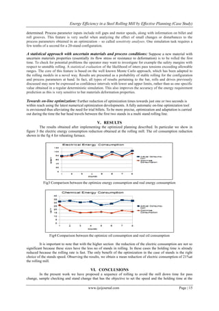 Energy Efficiency in a Steel Rolling Mill by Effective Planning (Case Study)
www.ijeijournal.com Page | 15
determined. Process parameter inputs include roll gaps and motor speeds, along with information on billet and
roll grooves. This feature is very useful when analyzing the effect of small changes or disturbances to the
process parameters obtained in an optimization – so called sensitivity analyses. One simulation task requires a
few tenths of a second for a 20-stand configuration.
A statistical approach with uncertain materials and process conditions: Suppose a new material with
uncertain materials properties (essentially its flow stress or resistance to deformation) is to be rolled the first
time. To check for potential problems the operator may want to investigate for example the safety margins with
respect to unstable rolling. A statistical evaluation of the likelihood of inters pass tensions exceeding allowable
ranges. The core of this feature is based on the well known Monte Carlo approach, which has been adapted to
the rolling models in a novel way. Results are presented as a probability of stable rolling for the configuration
and process parameters at hand. In fact, all types of results pertaining to the bar, rolls and drives previously
discussed may now be expressed as confidence intervals with lower and upper limits, rather than as one specific
value obtained in a regular deterministic simulation. This also improves the accuracy of the energy requirement
prediction as this is very sensitive to bar materials deformation properties.
Towards on-line optimization: Further reduction of optimization times towards just one or two seconds is
within reach using the latest numerical optimization developments. A fully automatic on-line optimization tool
is envisioned thus alleviating the need for trial billets. To be more precise, optimization and adaptation is carried
out during the time the bar head travels between the first two stands in a multi stand rolling line.
V. RESULTS
The results obtained after implementing the optimized planning described. In particular we show in
figure 3 the electric energy consumption reduction obtained at the rolling mill. The oil consumption reduction
shown in the fig 4 for reheating furnace.
Fig3 Comparison between the optimize energy consumption and real energy consumption
Fig4 Comparison between the optimize oil consumption and real oil consumption
It is important to note that with the higher section the reduction of the electric consumption are not so
significant because these sizes have the less no of stands in rolling. In these cases the holding time is already
reduced because the rolling rate is fast. The only benefit of the optimization in the case of stands is the right
choice of the stands speed. Observing the results, we obtain a mean reduction of electric consumption of 21%at
the rolling mill.
VI. CONCLUSIONS
In the present work we have proposed a sequence of rolling to avoid the mill down time for pass
change, sample checking and stand change that has the objective to set the speed and the holding time at the
 