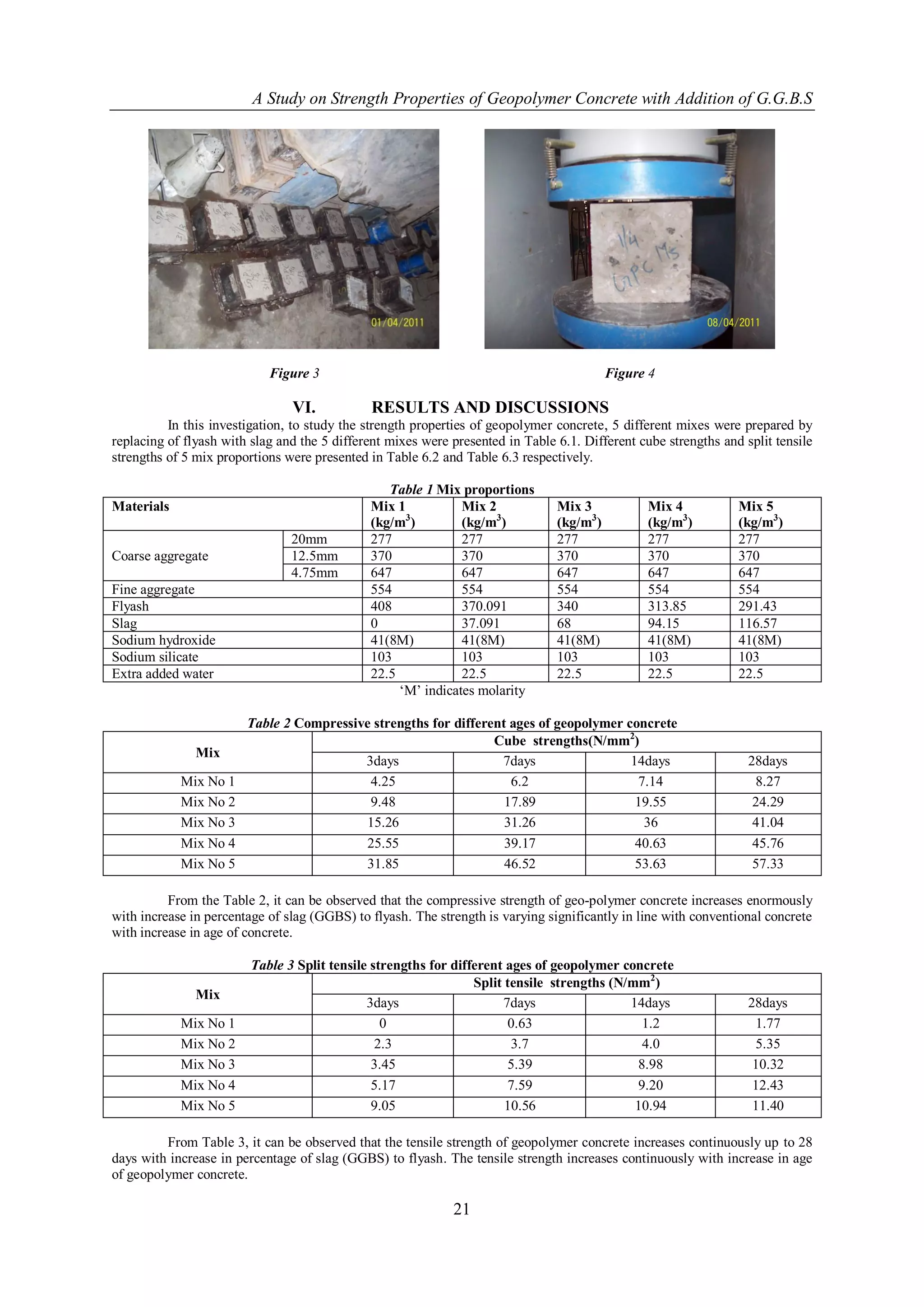 A Study on Strength Properties of Geopolymer Concrete with Addition of G.G.B.S




                            Figure 3                                                      Figure 4

                                VI.            RESULTS AND DISCUSSIONS
          In this investigation, to study the strength properties of geopolymer concrete, 5 different mixes were prepared by
replacing of flyash with slag and the 5 different mixes were presented in Table 6.1. Different cube strengths and split tensile
strengths of 5 mix proportions were presented in Table 6.2 and Table 6.3 respectively.

                                                 Table 1 Mix proportions
Materials                                     Mix 1           Mix 2             Mix 3            Mix 4           Mix 5
                                              (kg/m3)         (kg/m3)           (kg/m3)          (kg/m3)         (kg/m3)
                                20mm          277             277               277              277             277
Coarse aggregate                12.5mm        370             370               370              370             370
                                4.75mm        647             647               647              647             647
Fine aggregate                                554             554               554              554             554
Flyash                                        408             370.091           340              313.85          291.43
Slag                                          0               37.091            68               94.15           116.57
Sodium hydroxide                              41(8M)          41(8M)            41(8M)           41(8M)          41(8M)
Sodium silicate                               103             103               103              103             103
Extra added water                             22.5            22.5              22.5             22.5            22.5
                                                   „M‟ indicates molarity

                        Table 2 Compressive strengths for different ages of geopolymer concrete
                                                                 Cube strengths(N/mm2)
               Mix
                                          3days                   7days                 14days                     28days
            Mix No 1                       4.25                     6.2                  7.14                       8.27
            Mix No 2                       9.48                    17.89                 19.55                      24.29
            Mix No 3                      15.26                    31.26                  36                        41.04
            Mix No 4                      25.55                    39.17                 40.63                      45.76
            Mix No 5                      31.85                    46.52                 53.63                      57.33

          From the Table 2, it can be observed that the compressive strength of geo-polymer concrete increases enormously
with increase in percentage of slag (GGBS) to flyash. The strength is varying significantly in line with conventional concrete
with increase in age of concrete.

                         Table 3 Split tensile strengths for different ages of geopolymer concrete
                                                                 Split tensile strengths (N/mm2)
               Mix
                                              3days                   7days                 14days                 28days
            Mix No 1                             0                     0.63                   1.2                   1.77
            Mix No 2                            2.3                     3.7                   4.0                   5.35
            Mix No 3                           3.45                    5.39                  8.98                   10.32
            Mix No 4                           5.17                    7.59                  9.20                   12.43
            Mix No 5                           9.05                    10.56                 10.94                  11.40

         From Table 3, it can be observed that the tensile strength of geopolymer concrete increases continuously up to 28
days with increase in percentage of slag (GGBS) to flyash. The tensile strength increases continuously with increase in age
of geopolymer concrete.

                                                             21
 