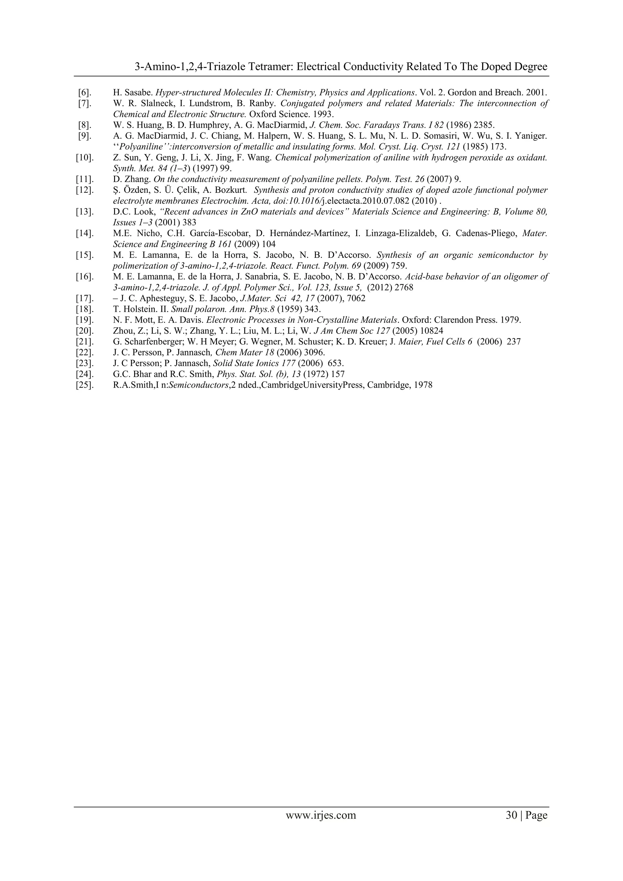 3-Amino-1,2,4-Triazole Tetramer: Electrical Conductivity Related To The Doped Degree
www.irjes.com 30 | Page
[6]. H. Sasabe. Hyper-structured Molecules II: Chemistry, Physics and Applications. Vol. 2. Gordon and Breach. 2001.
[7]. W. R. Slalneck, I. Lundstrom, B. Ranby. Conjugated polymers and related Materials: The interconnection of
Chemical and Electronic Structure. Oxford Science. 1993.
[8]. W. S. Huang, B. D. Humphrey, A. G. MacDiarmid, J. Chem. Soc. Faradays Trans. I 82 (1986) 2385.
[9]. A. G. MacDiarmid, J. C. Chiang, M. Halpern, W. S. Huang, S. L. Mu, N. L. D. Somasiri, W. Wu, S. I. Yaniger.
‘‘Polyaniline’’:interconversion of metallic and insulating forms. Mol. Cryst. Liq. Cryst. 121 (1985) 173.
[10]. Z. Sun, Y. Geng, J. Li, X. Jing, F. Wang. Chemical polymerization of aniline with hydrogen peroxide as oxidant.
Synth. Met. 84 (1–3) (1997) 99.
[11]. D. Zhang. On the conductivity measurement of polyaniline pellets. Polym. Test. 26 (2007) 9.
[12]. Ş. Özden, S. Ü. Çelik, A. Bozkurt. Synthesis and proton conductivity studies of doped azole functional polymer
electrolyte membranes Electrochim. Acta, doi:10.1016/j.electacta.2010.07.082 (2010) .
[13]. D.C. Look, “Recent advances in ZnO materials and devices” Materials Science and Engineering: B, Volume 80,
Issues 1–3 (2001) 383
[14]. M.E. Nicho, C.H. García-Escobar, D. Hernández-Martínez, I. Linzaga-Elizaldeb, G. Cadenas-Pliego, Mater.
Science and Engineering B 161 (2009) 104
[15]. M. E. Lamanna, E. de la Horra, S. Jacobo, N. B. D’Accorso. Synthesis of an organic semiconductor by
polimerization of 3-amino-1,2,4-triazole. React. Funct. Polym. 69 (2009) 759.
[16]. M. E. Lamanna, E. de la Horra, J. Sanabria, S. E. Jacobo, N. B. D’Accorso. Acid-base behavior of an oligomer of
3-amino-1,2,4-triazole. J. of Appl. Polymer Sci., Vol. 123, Issue 5, (2012) 2768
[17]. – J. C. Aphesteguy, S. E. Jacobo, J.Mater. Sci 42, 17 (2007), 7062
[18]. T. Holstein. II. Small polaron. Ann. Phys.8 (1959) 343.
[19]. N. F. Mott, E. A. Davis. Electronic Processes in Non-Crystalline Materials. Oxford: Clarendon Press. 1979.
[20]. Zhou, Z.; Li, S. W.; Zhang, Y. L.; Liu, M. L.; Li, W. J Am Chem Soc 127 (2005) 10824
[21]. G. Scharfenberger; W. H Meyer; G. Wegner, M. Schuster; K. D. Kreuer; J. Maier, Fuel Cells 6 (2006) 237
[22]. J. C. Persson, P. Jannasch, Chem Mater 18 (2006) 3096.
[23]. J. C Persson; P. Jannasch, Solid State Ionics 177 (2006) 653.
[24]. G.C. Bhar and R.C. Smith, Phys. Stat. Sol. (b), 13 (1972) 157
[25]. R.A.Smith,I n:Semiconductors,2 nded.,CambridgeUniversityPress, Cambridge, 1978
 