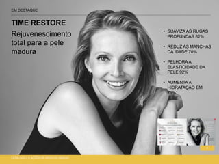 3
EM DESTAQUE
TIME RESTORE
CATÁLOGO 2 E AÇÕES DE APOIO ÀS VENDAS
• SUAVIZA AS RUGAS
PROFUNDAS 82%
• REDUZ AS MANCHAS
DA IDADE 70%
• PELHORA A
ELASTICIDADE DA
PELE 92%
• AUMENTA A
HIDRATAÇÃO EM
71%*
Rejuvenescimento
total para a pele
madura
 