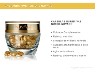 Copyright ©2015 by Oriflame Cosmetics SA
CAMPANHA TIME RESTORE NOVAGE
CÁPSULAS NUTRITIVAS
NUTRI6 NOVAGE
 Cuidado Complementar
 Reforço nutritivo
 Sinergia de 6 óleos naturais
 Cuidado premium para a pele
seca
 Ação antioxidante
 Reforço antienvelhecimento
 