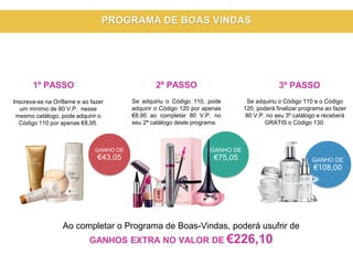 GANHO DE
€43,05
Inscreva-se na Oriflame e ao fazer
um mínimo de 80 V.P. nesse
mesmo catálogo, pode adquirir o
Código 110 por apenas €8,95.
Se adquiriu o Código 110, pode
adquirir o Código 120 por apenas
€8,95 ao completar 80 V.P. no
seu 2ª catálogo deste programa.
GANHO DE
€75,05
Ao completar o Programa de Boas-Vindas, poderá usufrir de
GANHOS EXTRA NO VALOR DE €226,10
1º PASSO 2º PASSO 3º PASSO
GANHO DE
€108,00
Se adquiriu o Código 110 e o Código
120, poderá finalizar programa ao fazer
80 V.P. no seu 3º catálogo e receberá
GRÁTIS o Código 130.
PROGRAMA DE BOAS VINDAS
 
