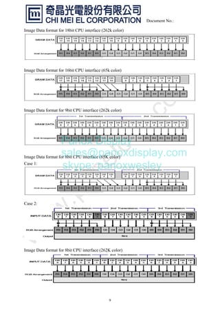 9
Document No.:
Image Data format for 18bit CPU interface (262k color)
Image Data format for 16bit CPU interface (65k color)
Image Data format for 9bit CPU interface (262k color)
Image Data format for 8bit CPU interface (65K color)
Case 1:
Case 2:
Image Data format for 8bit CPU interface (262K color)
Panox Display
sales@panoxdisplay.com
skype: panoxwesley
 