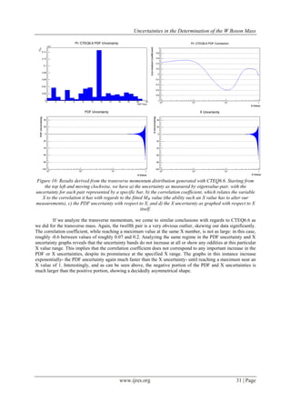 Uncertainties in the Determination of the W Boson Mass
www.ijres.org 31 | Page
Figure 10: Results derived from the transverse momentum distribution generated with CTEQ6.6. Starting from
the top left and moving clockwise, we have a) the uncertainty as measured by eigenvalue-pair, with the
uncertainty for each pair represented by a specific bar, b) the correlation coefficient, which relates the variable
X to the correlation it has with regards to the fitted MW value (the ability such an X value has to alter our
measurements), c) the PDF uncertainty with respect to X, and d) the X uncertainty as graphed with respect to X
itself.
If we analyze the transverse momentum, we come to similar conclusions with regards to CTEQ6.6 as
we did for the transverse mass. Again, the twelfth pair is a very obvious outlier, skewing our data significantly.
The correlation coefficient, while reaching a maximum value at the same X number, is not as large: in this case,
roughly -0.6 between values of roughly 0.07 and 0.2. Analyzing the same regime in the PDF uncertainty and X
uncertainty graphs reveals that the uncertainty bands do not increase at all or show any oddities at this particular
X value range. This implies that the correlation coefficient does not correspond to any important increase in the
PDF or X uncertainties, despite its prominence at the specified X range. The graphs in this instance increase
exponentially- the PDF uncertainty again much faster than the X uncertainty- until reaching a maximum near an
X value of 1. Interestingly, and as can be seen above, the negative portion of the PDF and X uncertainties is
much larger than the positive portion, showing a decidedly asymmetrical shape.
 