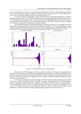 Uncertainties in the Determination of the W Boson Mass
www.ijres.org 37 | Page
to our overall uncertainty. There is a very slight maximum roughly near X=0.003, with a correlation coefficient
of 0.7. This value drops very quickly, reaching a distinct maximum excursion near X=0.1 with a coefficient of -
0.9. The curve then bumps slightly and trails off, terminating when X=1.0.
If we look at these corresponding X values on the PDF and X uncertainty distributions, we observe
interesting relations. Near X=0.1, the PDF uncertainty begins to expand rapidly, reaching a maximum value at
X=0.8 that stretches from roughly -4.0 to 3.5. Before this, the band undulates slightly as we saw above; there is
no significant correlation between the X=0.003 and the behavior of the PDF uncertainty distribution, although
this X value does correspond to a maximum correlation coefficient.
The X uncertainty displays different phenomenon. It remains steady from X=0 to roughly X=0.003, at
which point it increase rapidly to a maximum band width from roughly -3.5 to 2.8, corresponding to a large
correlation coefficient. Before this, the X uncertainty is steady in magnitude with a width from -0.06 to 0.06. In
both the PDF and X uncertainty distributions, the bands drop steadily after X=0.8 and fall to zero at X=1.
Figure 16: CT10 and the transverse momentum data.
There are more PDF outlier pairs in this case than the case above. The largest is eigenvalue-pair 13,
followed by eigenvalue-pair 20. The PDF correlation displays the same behavior as was discussed above for the
transverse mass. Near X=0.003, the correlation coefficient is roughly 0.8, presenting us with the highest value in
this curve. Another point of interest is slightly past X=0.1, where the correlation coefficient reaches a maximum
excursion value of roughly -0.7.
If we choose to analyze these points of interest on the PDF and X uncertainty distributions for any kind
of relation, we find some interesting results. The PDF uncertainty reveals similar results; the band begins to
increase exponentially slightly past X=0.1, indicating a correlation. This band reaches a maximum value at
X=0.8, stretching from -4.0 to 3.5. The X uncertainty reaches a maximum at X=0.8 as well, stretching from -3.5
to 2.8. At X=0.003, the band goes from being quite steady in value to increasing very rapidly in both
distributions. As before, the PDF uncertainty undulates slightly, while the X uncertainty does not.
 